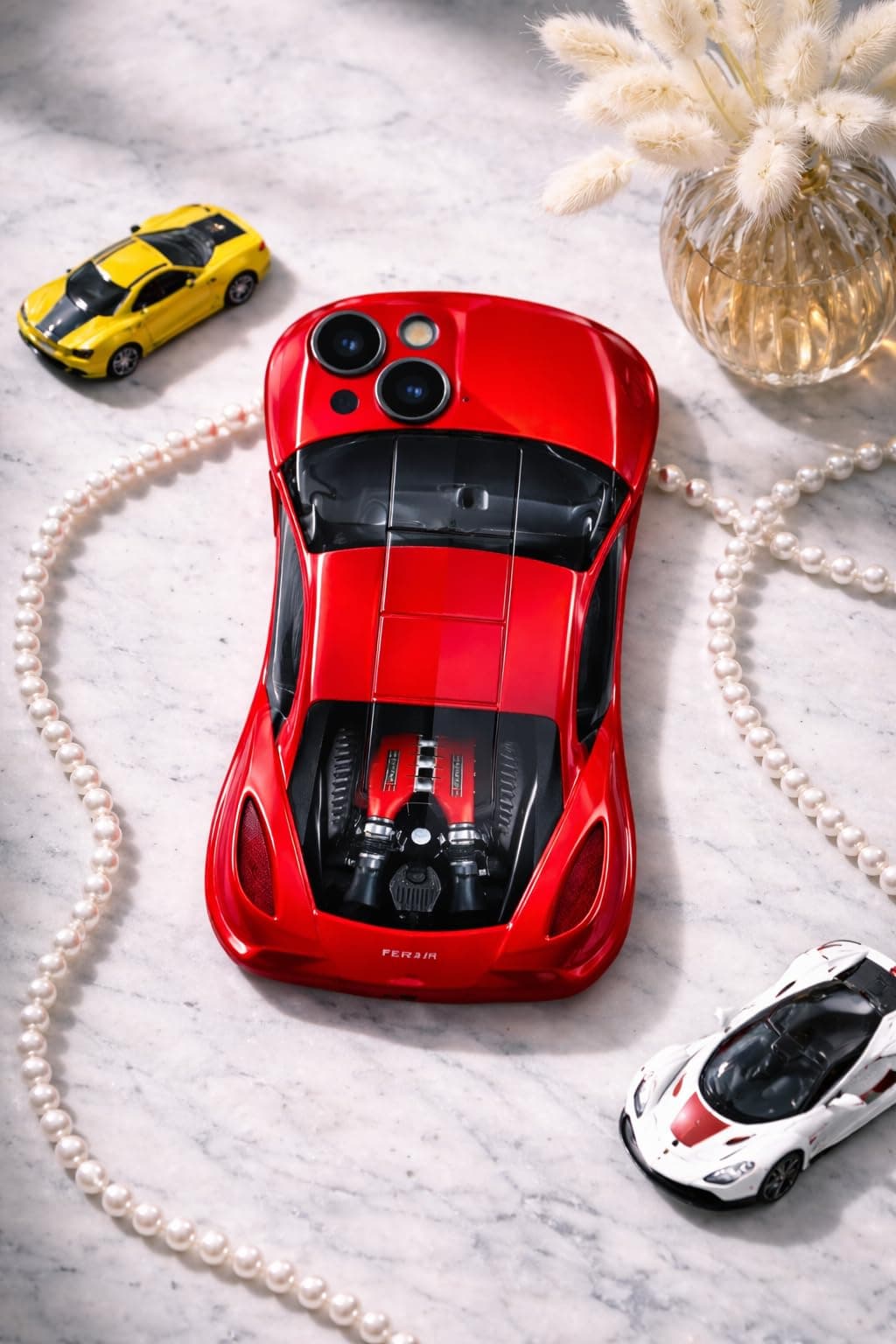 Case Creation Premium Sports Car Phone Case for iPhone 15/16/ 17 Pro Max, Glossy Automotive Curvy 3D Racing Back Cover for Car Enthusiast Men Boys (Red Sports Car Engine, iPhone 16 Pro Max)