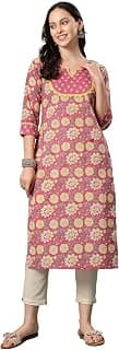 GOD BLESS Women's Pink Floral Printed Straight Kurta,Round Neck, 3/4 Sleeves,Cotton Blend Casual Ethnic Wear Kurti,X-Small
