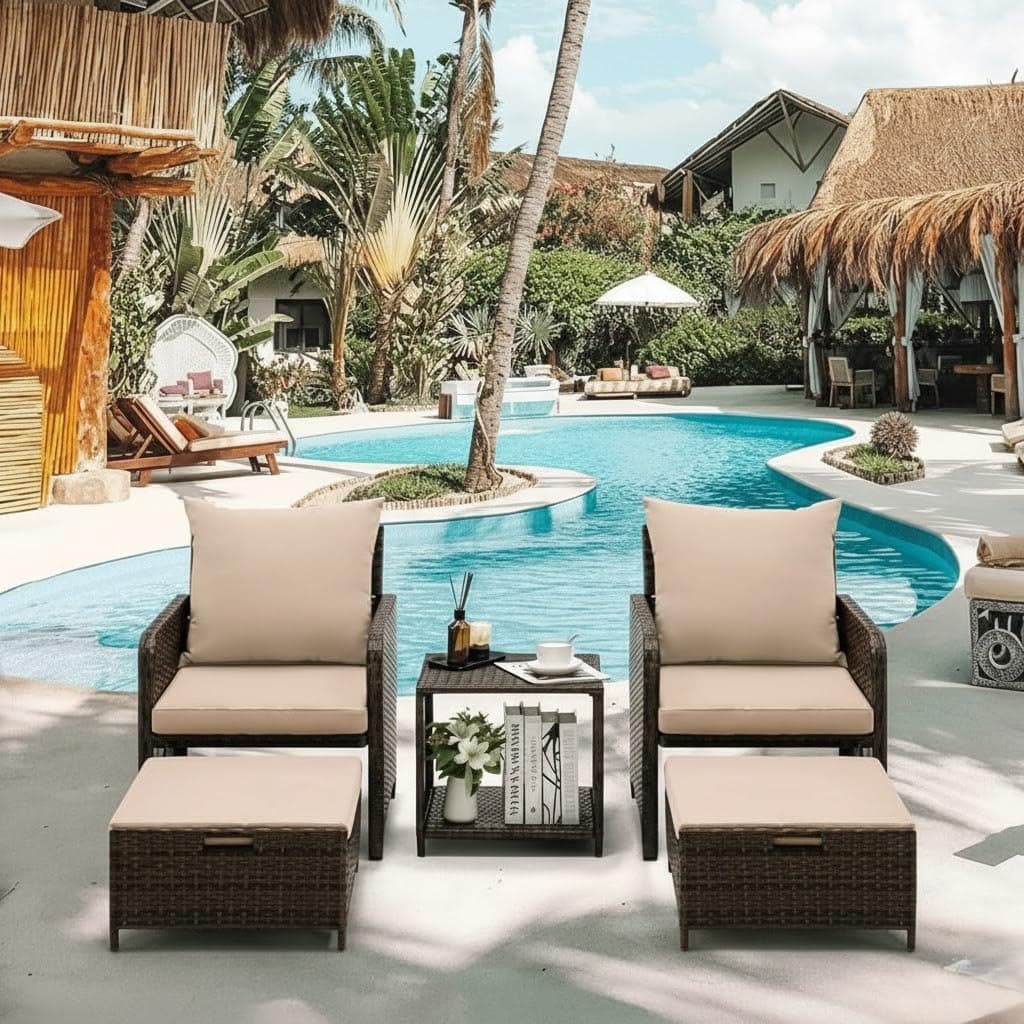 LOCCUS Outdoor 5-Piece Rattan Wicker Patio Furniture Set, Cushioned Bistro Chairs, Ottoman & Glass Table for Backyard, Poolside, Balcony & Garden (Dark Brown & Beige)