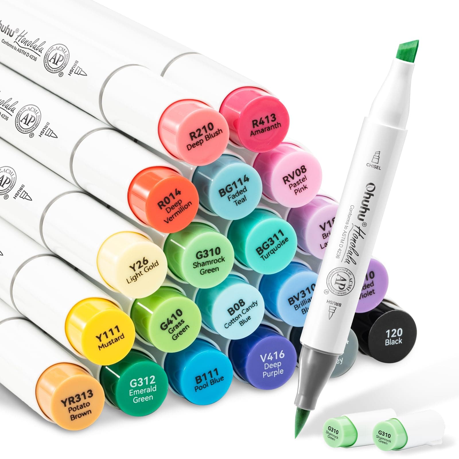 Ohuhu Alcohol Markers Brush Tip 24 Basic Colors Brush & Chisel - Honolulu | Double Tipped Alcohol Based for Beginners Artist Sketching Adult Coloring Illustration - Brush Chisel Dual Tips Multicolour
