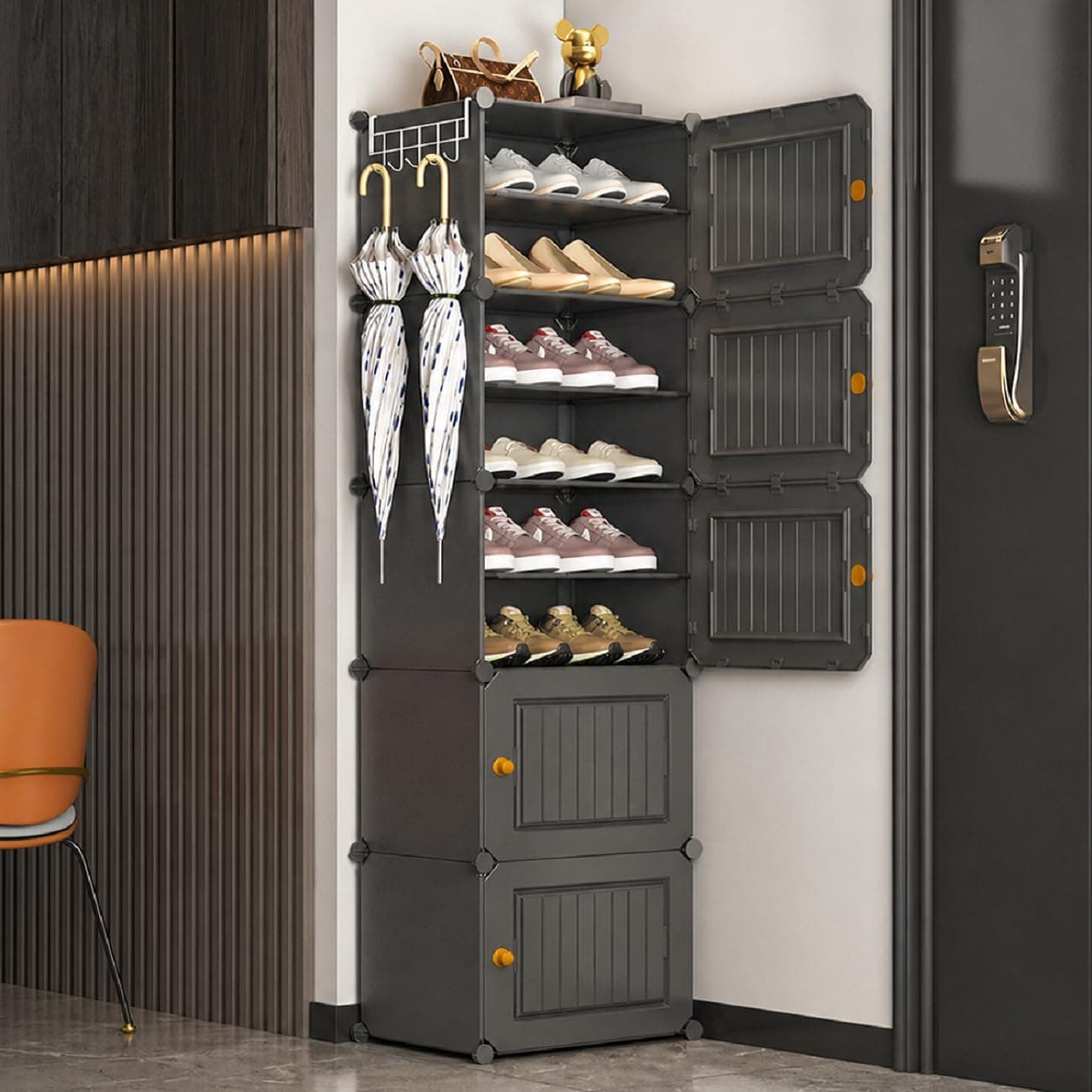EXVITO Portable Modular Plastic Shoe Cabinet with Doors, 10-Tier Stackable Shoe Rack Organizer, Dustproof Waterproof Shoe Storage Cabinet, Space Saving Entryway Shoe Shelf - Grey