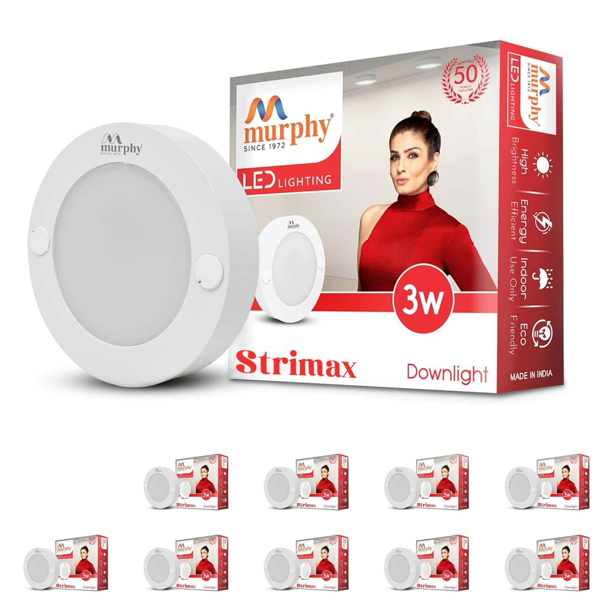 Murphy STRIMAX 3W Surface LED Downlight | Slim Round Cabinet Light | Cool White| Energy Efficient | Long Lifespan| 2 Years Warranty |Pack of 10