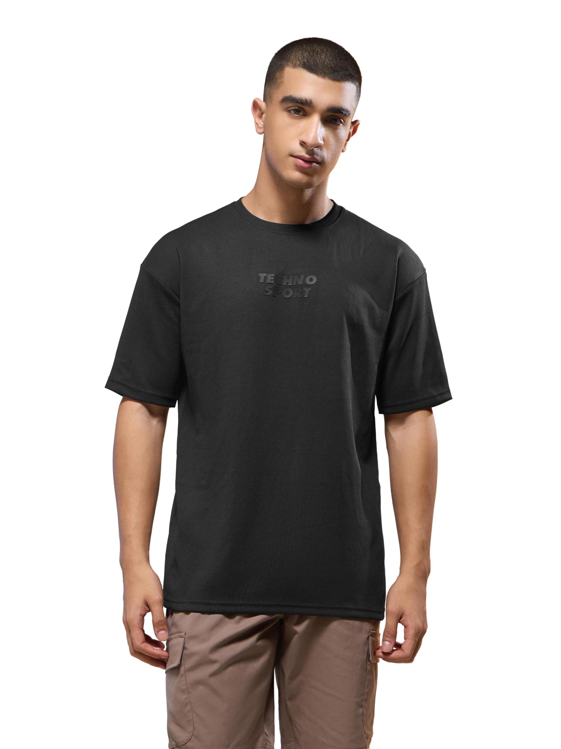 TECHNOSPORT Men Printed Oversized Round Neck T-Shirt with COTFLEX, Dry Fit Sports Tee, Oversized Activewear T-Shirt for Gym, Running, Sports & Casual Wear