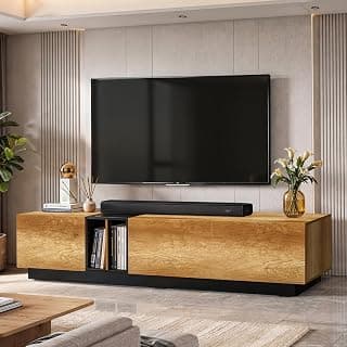 ABOUT SPACE TV Unit - Engineered Wooden TV Stand Table Cabinet with Drop Down Doors & Split Open Compartment, Cable Hole for WiFi Router Stand for Living Room (CM Oak& Black-L190.5 x B40.5 x H43.5 cm)