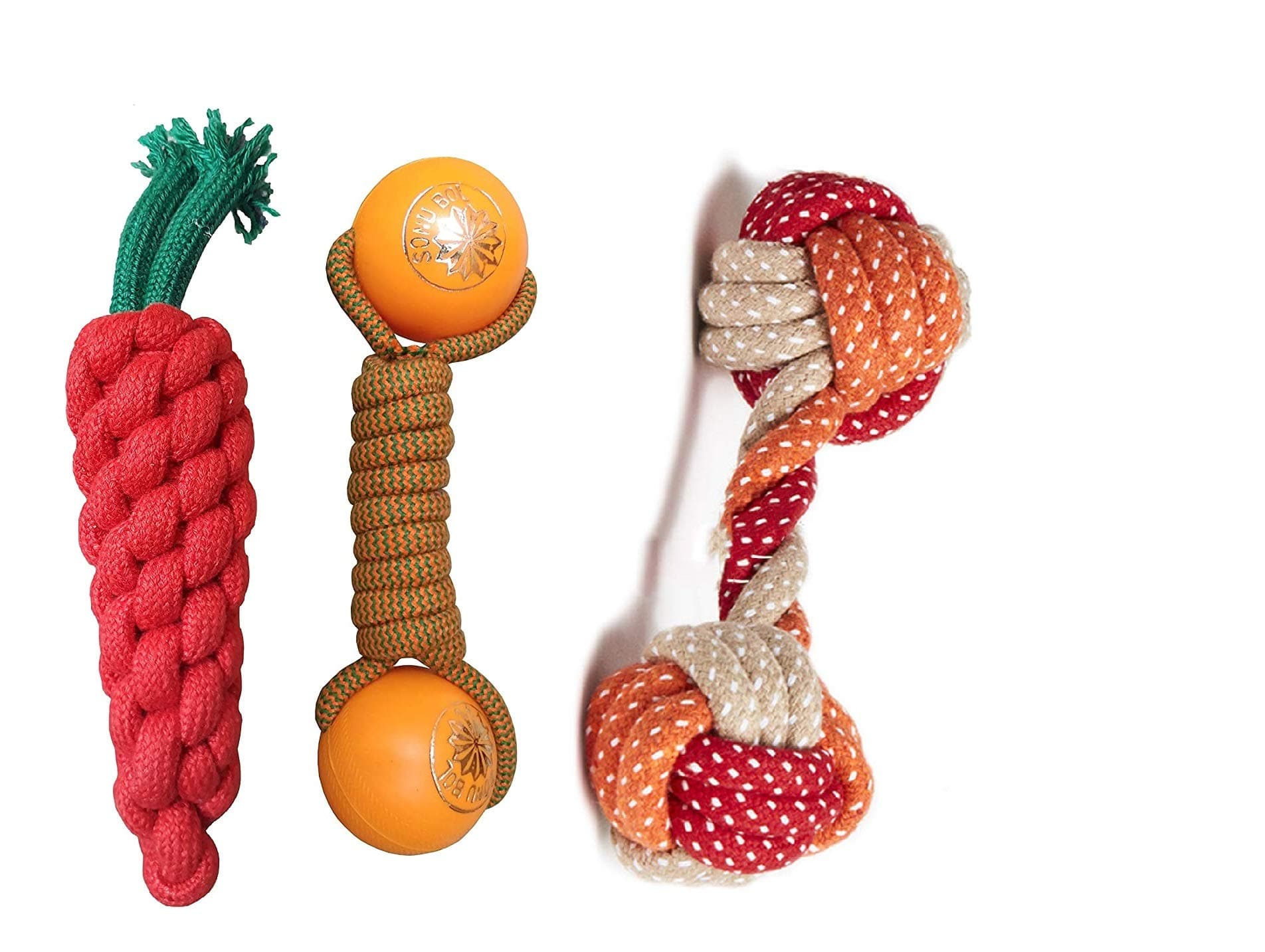 PSK PET MART Durable Cotton Made Rope Toys for Dogs and Puppies Carrot Rope Rope Toy Plastic Ball Rope Toy Rope Dumbbell Rope Toy (Combo of 3)