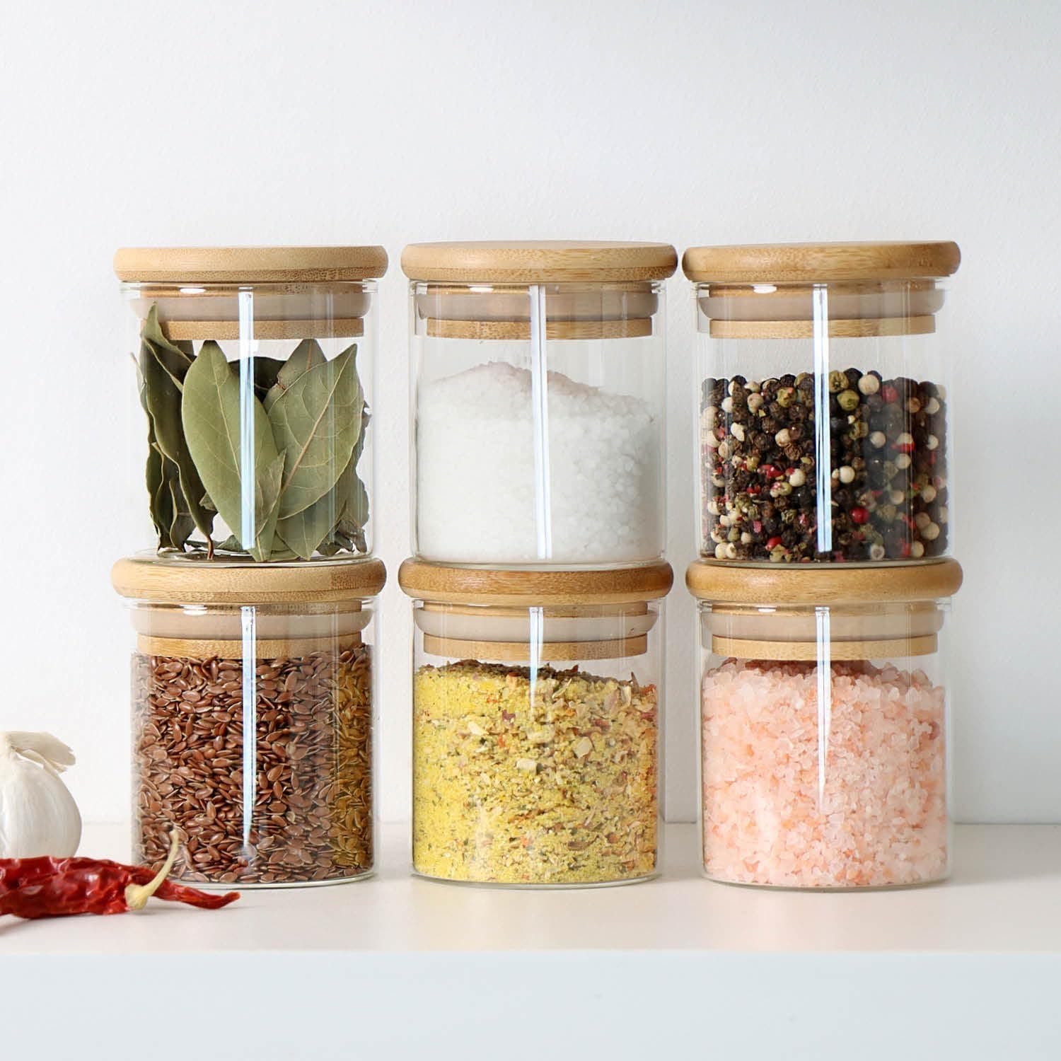 Kithura Glass Jars with Wooden Lid – 6-Piece Borosilicate Glass Jar Set (220ML Each) | Food Storage Containers for Sugar, Tea, Spices & Dry Foods | Transparent Kitchen Storage Jars
