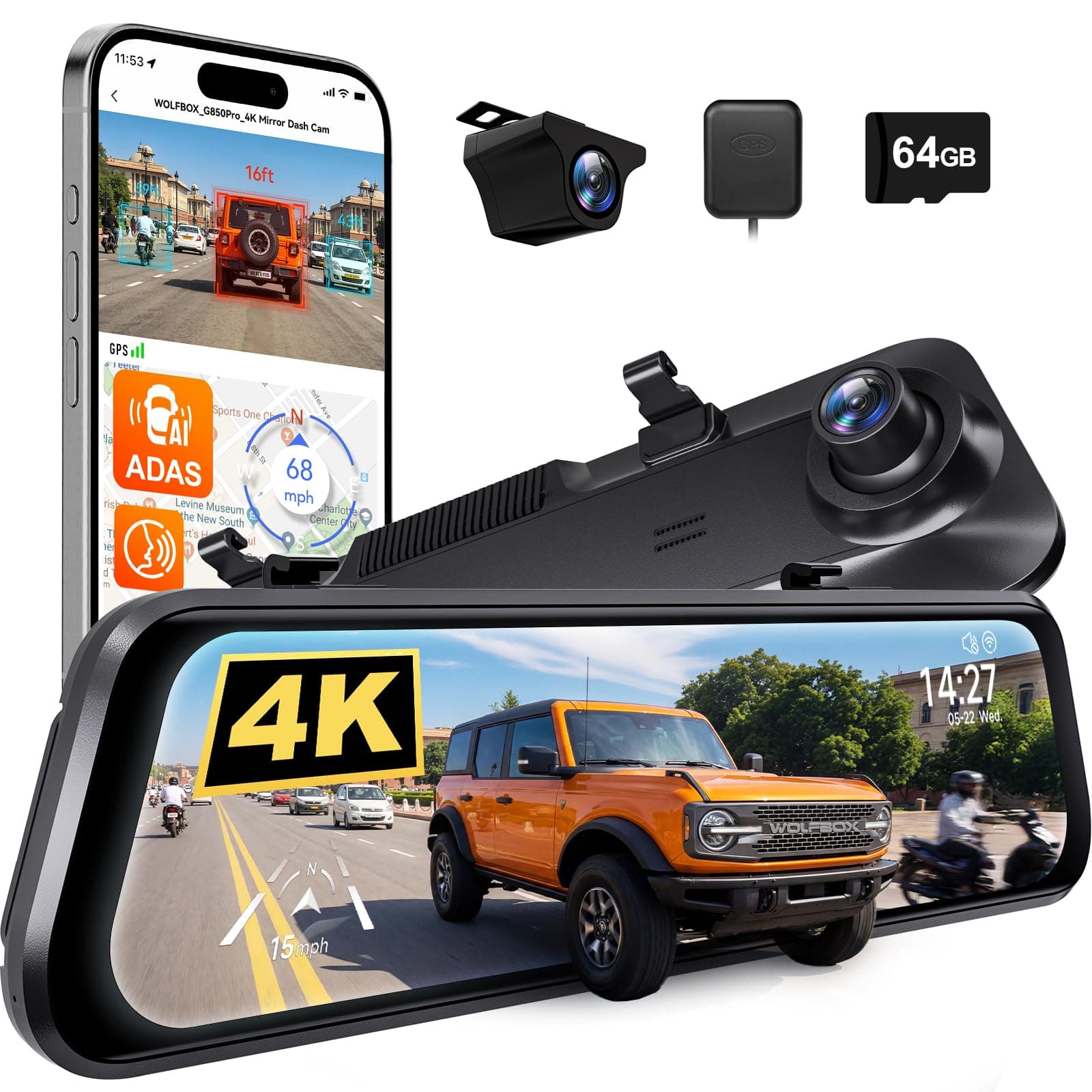 WOLFBOX G850 PRO 4K Rear View Mirror Dash Cam for Car Front and Rear with GPS, ADAS, BSD, 12" Touchscreen, 5.8GHz WiFi, Voice Control, G-Sensor, Loop Recording, 64GB Card Included