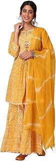 Indya Yellow Bandhani Print Cotton Short Anarkali Kurta With Sharara And Dupatta (Set of 3)