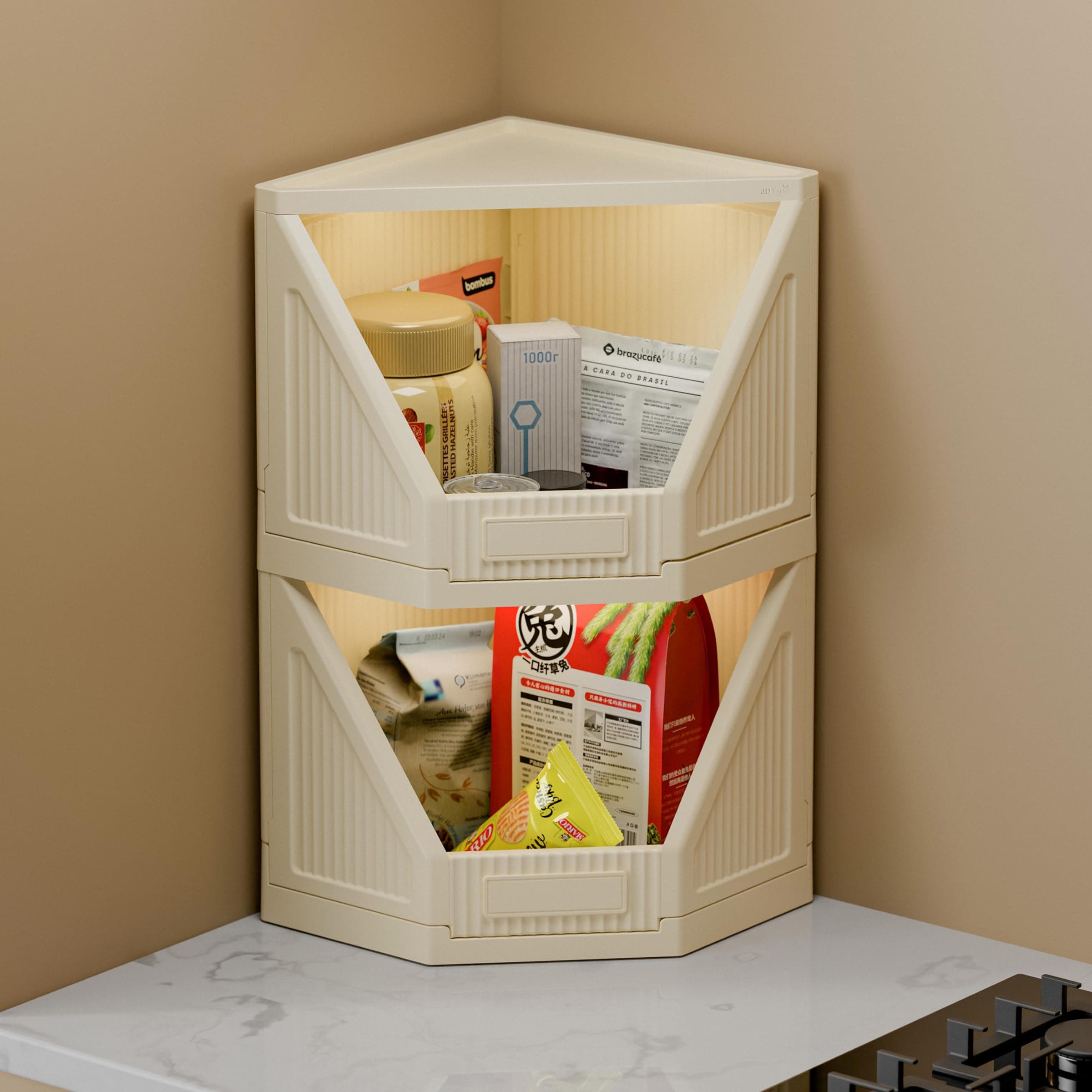 JD Fresh 2 Tier Plastic Corner Storage Cabinet/Foldable Cupboard for Storage/Stackable Cupboard for Cloth with Layer Locking System/Toy Organizer/Spacious Storage Rack for Books,Toys and Décor (Ivory)