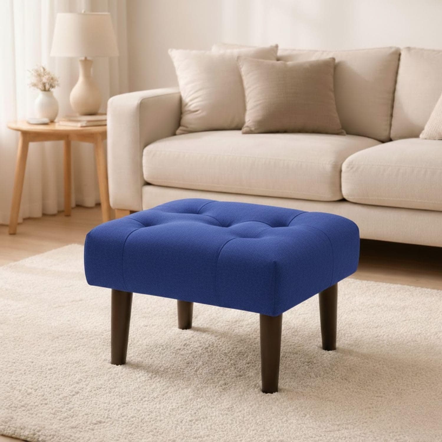 SS Wood Nation Velvet Velvet Ottoman Footrest – Wooden Pouf Stool for Living Room, Bedroom & Small Spaces – Stylish Seating & Home Decor Accent | Strong Wooden Legs (Blue)