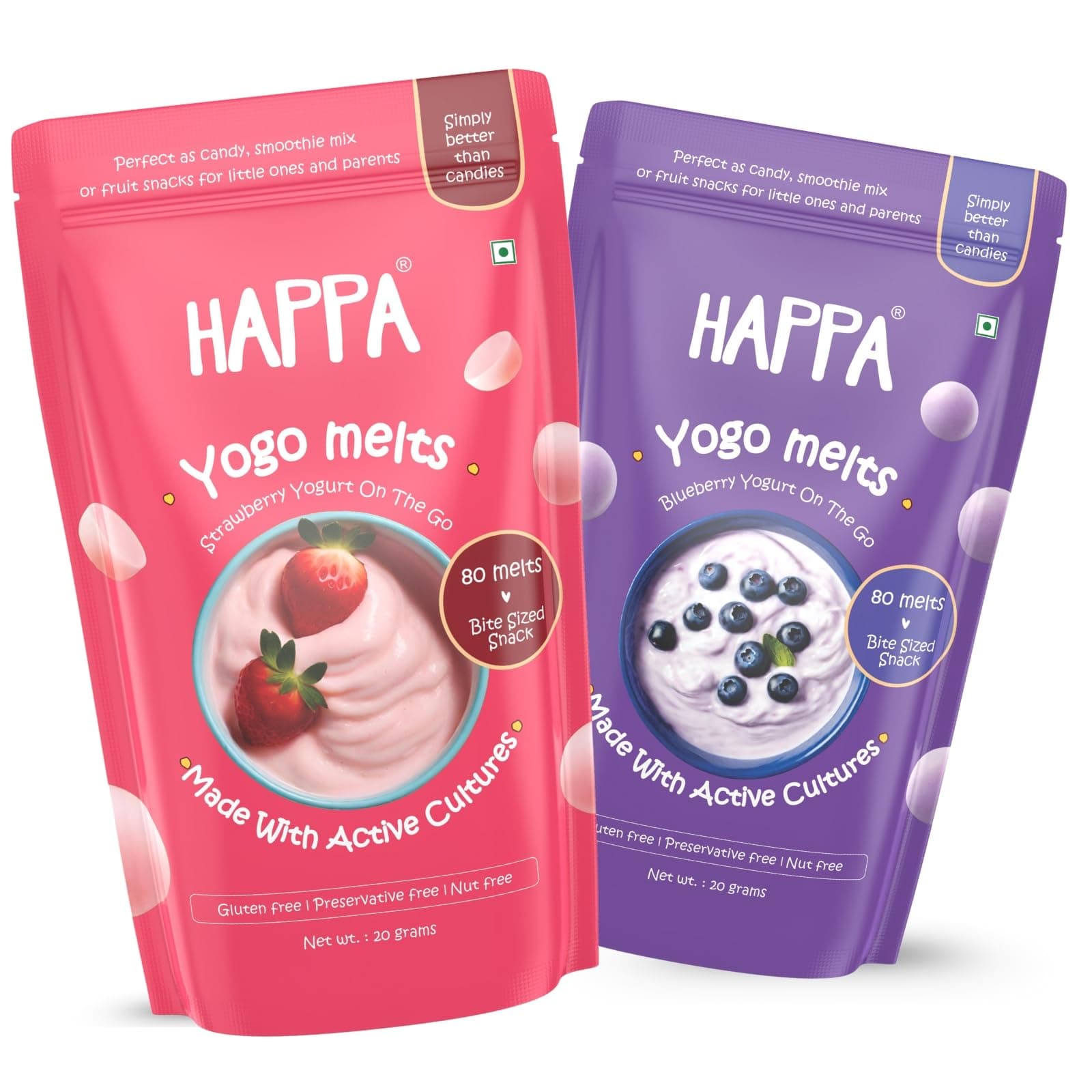 Happa Blueberry & Strawberry Greek Yogurt Melts | 100% Greek Yogurt Candy for Babies, Kids & Adults | No Colours, No Artificial Flavours | Melt-in-Mouth | 8M+ | 20g Pack of 2