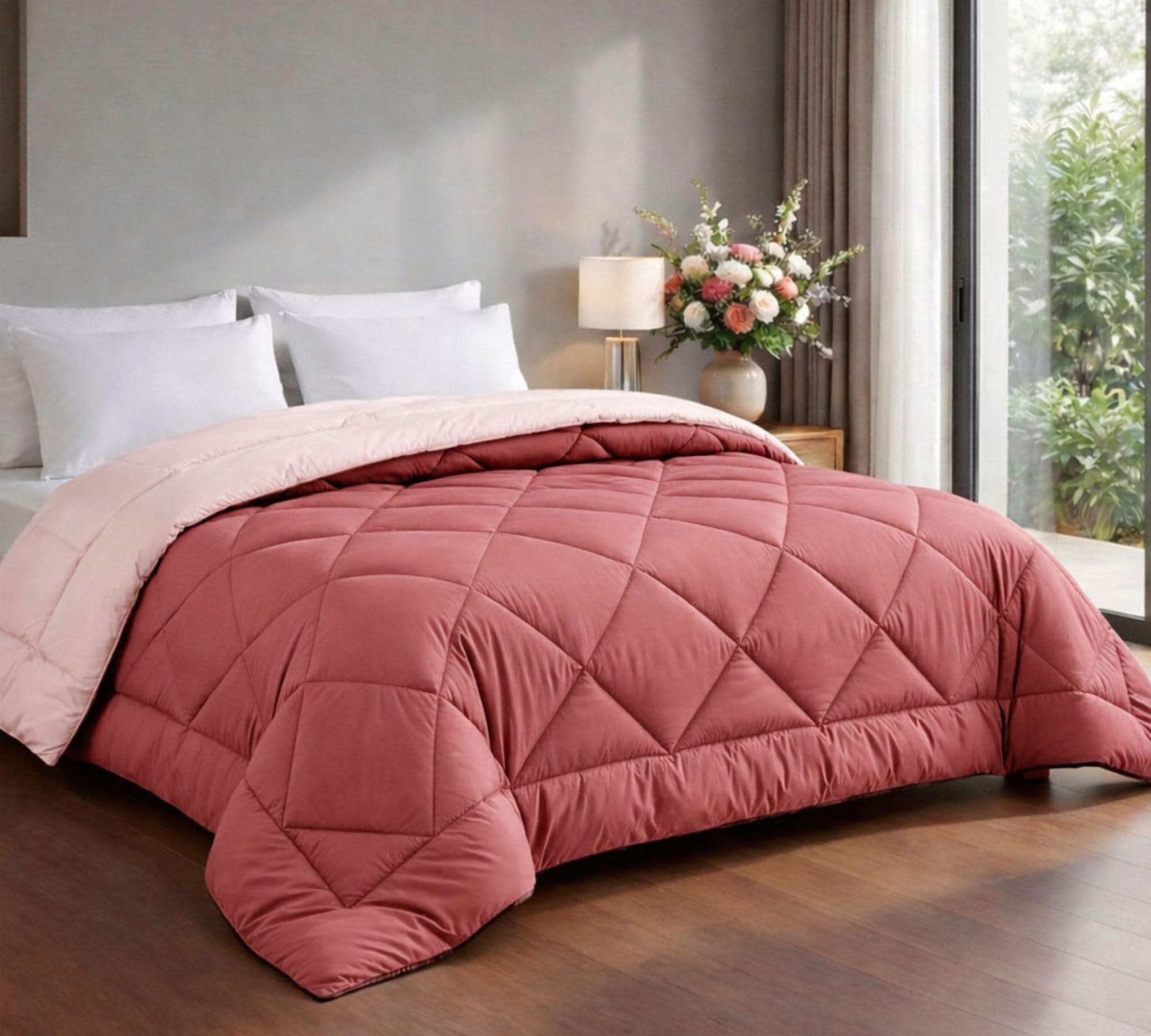 VAS COLLECTIONS 220 GSM Reversible Comforter – Double Bed, Soft & Lightweight AC Quilt/Blanket, All Season Cozy & Stylish Duvet – Salmon Red