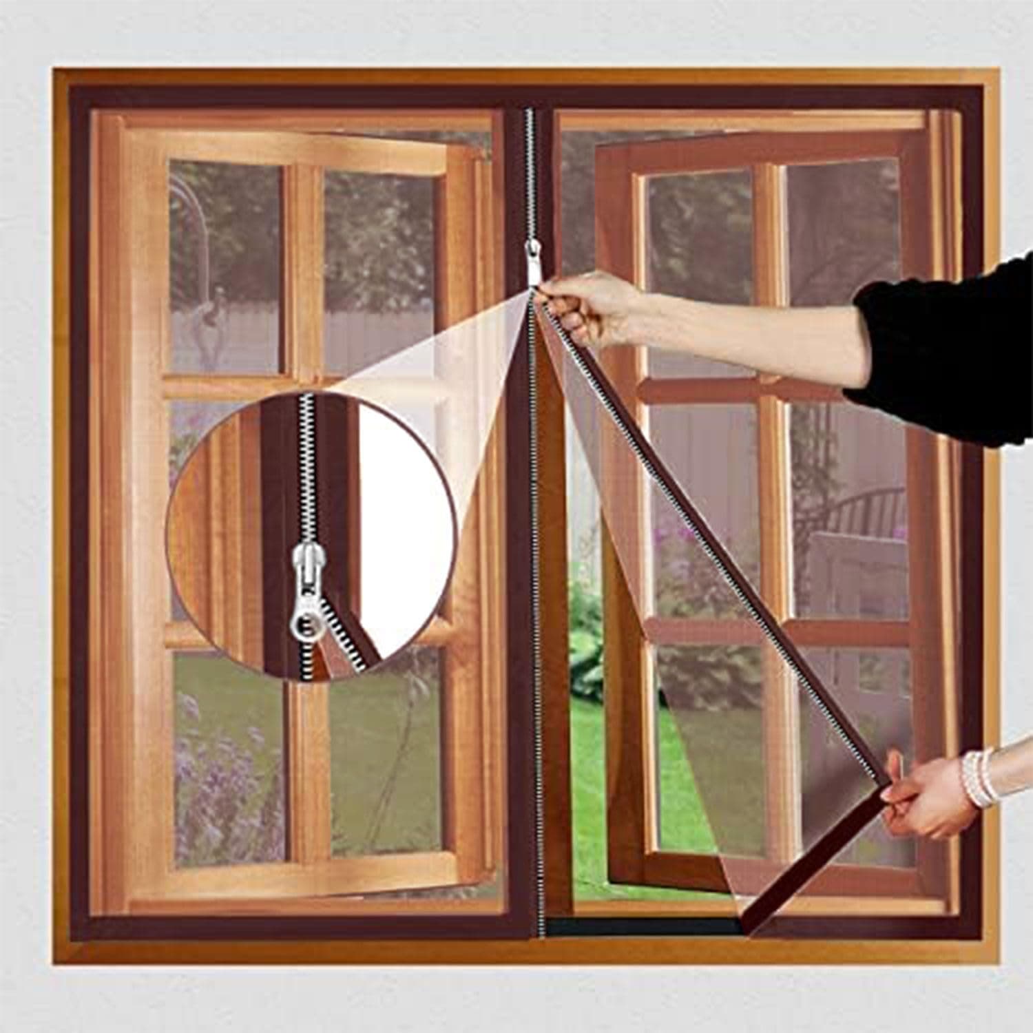 LifeKrafts Pre-Stitched Zipper Window Mosquito Net Premium Edition. 120 GSM Fiberglass Net & Strong Self Adhesive Hook Tape. Height140cms X Width150cms (55x59 inches or 4.6x5 feet)-Brown