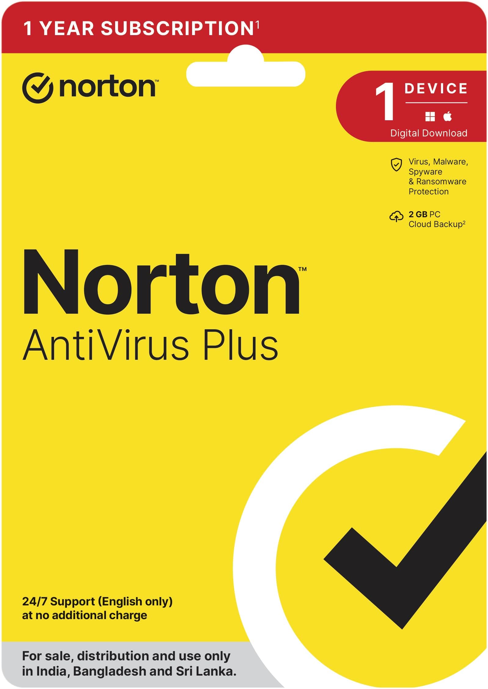 Norton Antivirus Plus | 1 User 1 Year |Also Includes Smart Firewall, Password Manager & 2GB PC Cloud Back Up| PC or Mac | Product Key | No CD