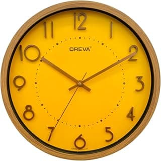 OREVA 12 Inch Round Wooden Finish Embossed Numbers Contemporary Stylish Quartz Wall Clocks Modern Analog Silent Wall Clock for Living Room Bedroom Latest Home Décor Office AQ-9847SS (Gold)