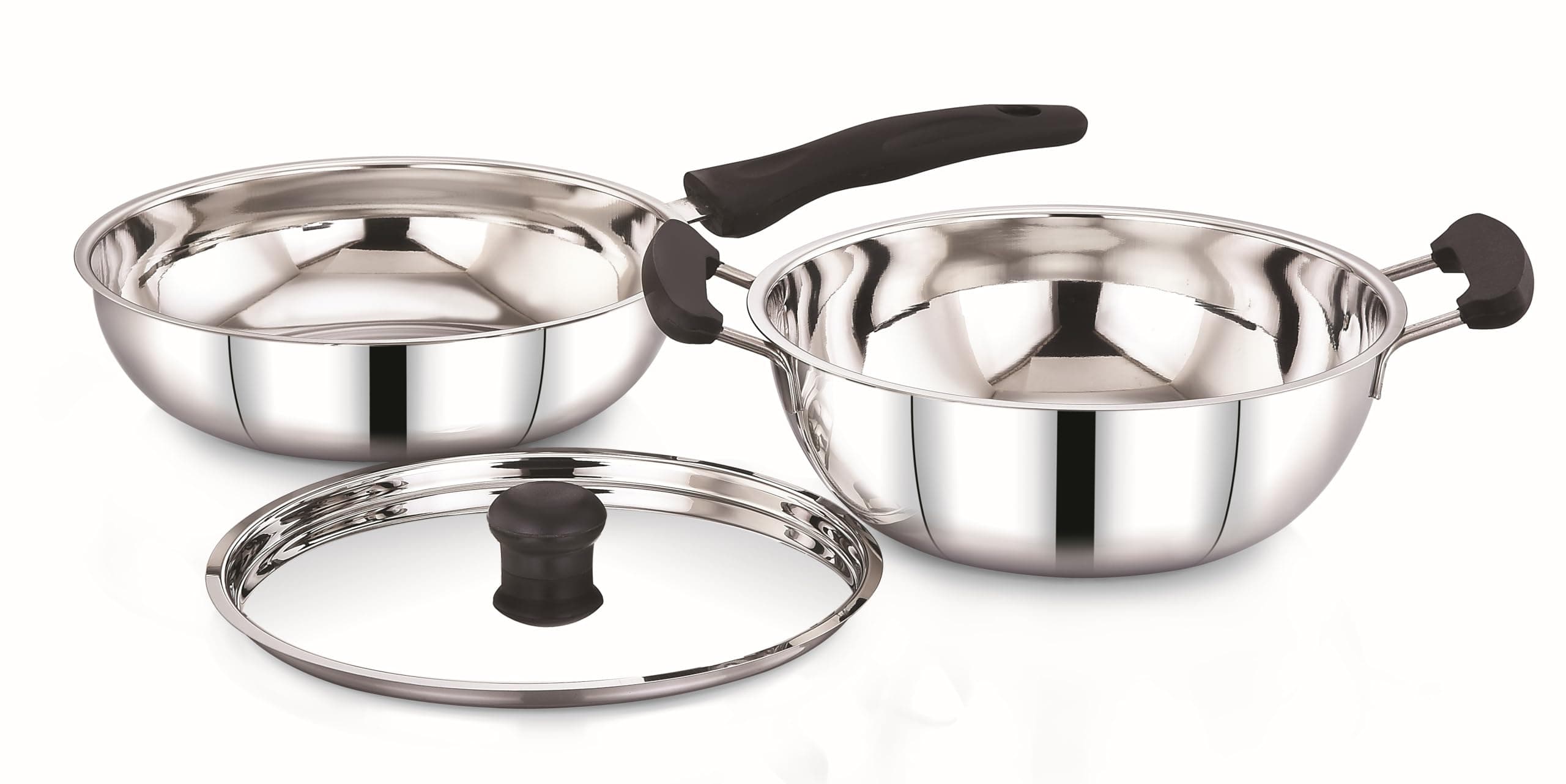 Sowbaghya Elite 3Pcs Stainless Steel Set | Induction Base | Cookware set | SS deep kadai and Fry pan with Lid