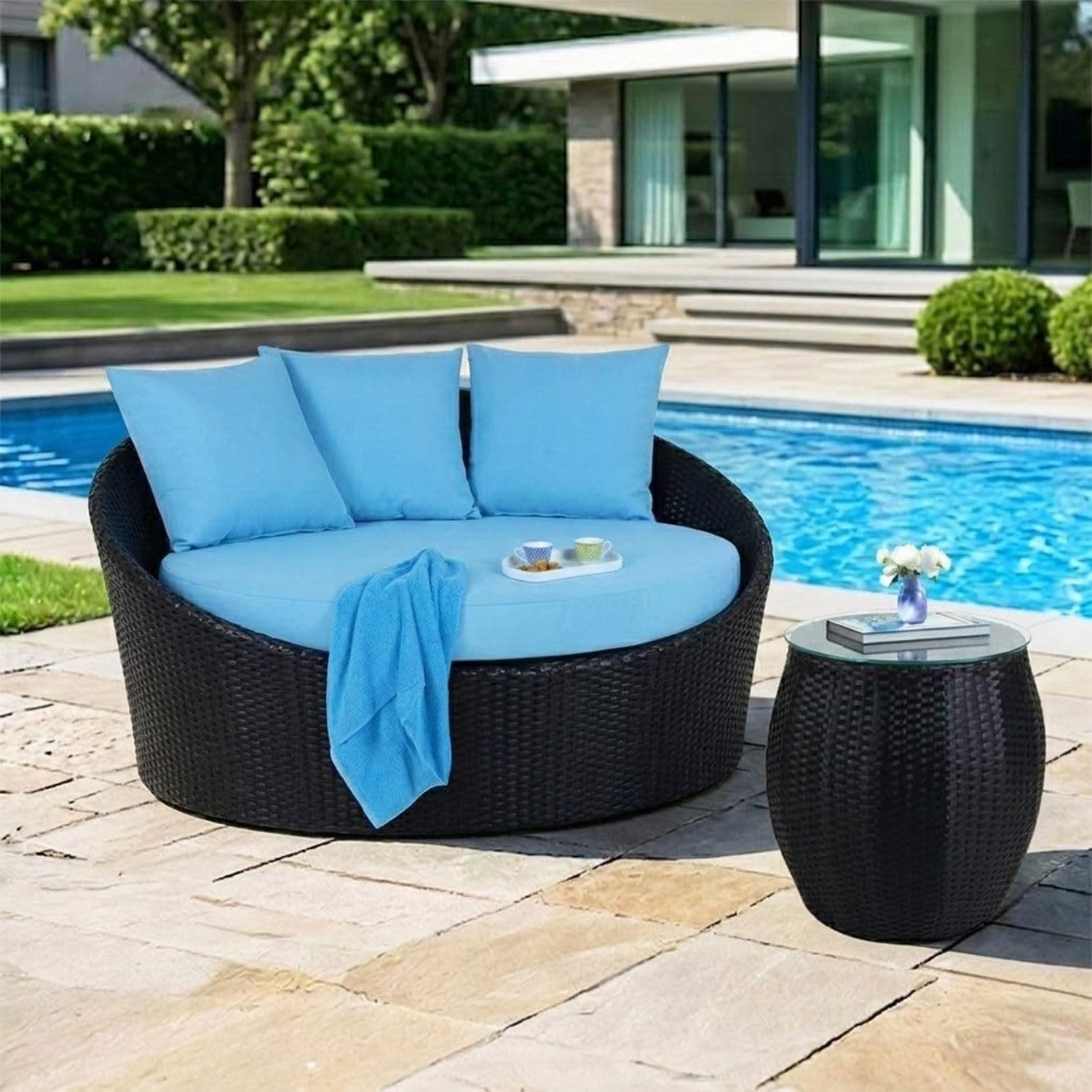 DEVOKO Outdoor Wicker Patio Daybed with Round Glass Top Coffee Table Weather-Resistant Furniture for Poolside, Garden,Balcony(Black & Sky-Blue)