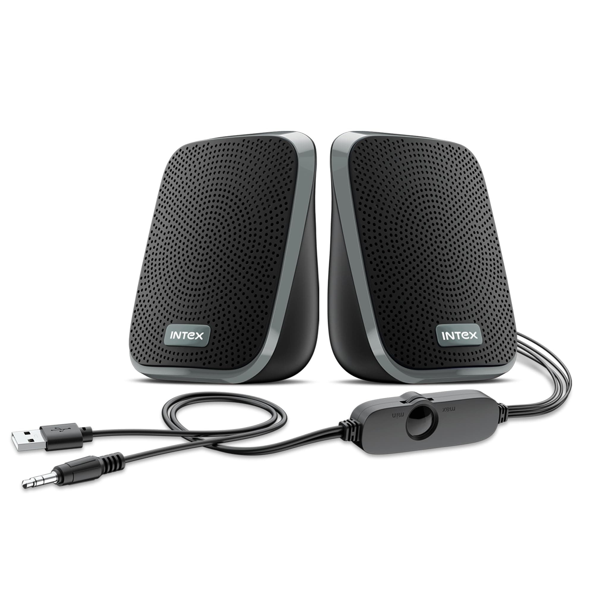 Intex IT-120 2.0 Channel Desktop Speaker with 10W Powerful Sound, USB Powered, 3.5mm Jack, in-Line Volume Control, Loud & Compact Design, Portable for Laptop, Computer, Mobile – Grey