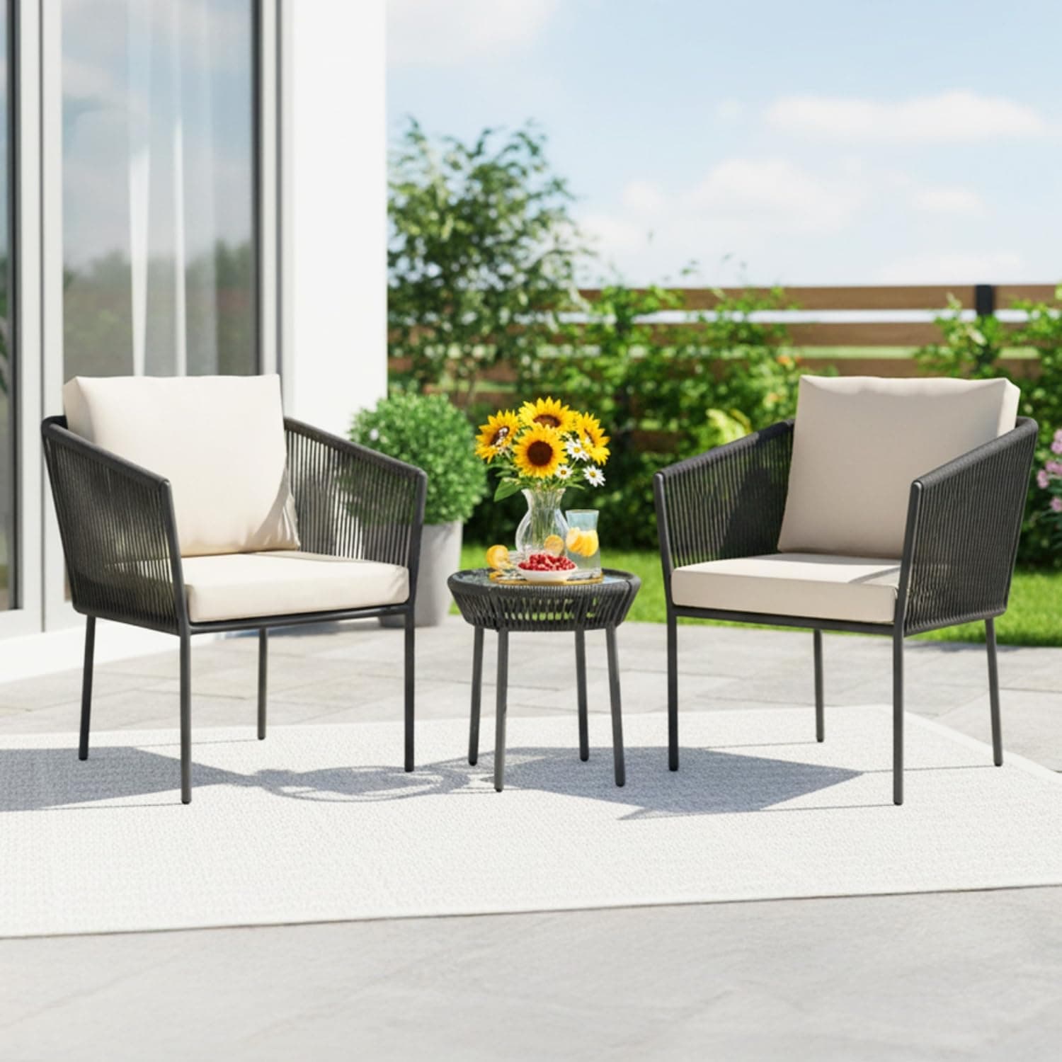 DEVOKO Outdoor Rope Patio Set with Glass Top Table & Water Resistant Cushions for Garden, Deck, Lawn, Poolside (Grey & Off-White), 76 cm, 70 cm, 62 cm