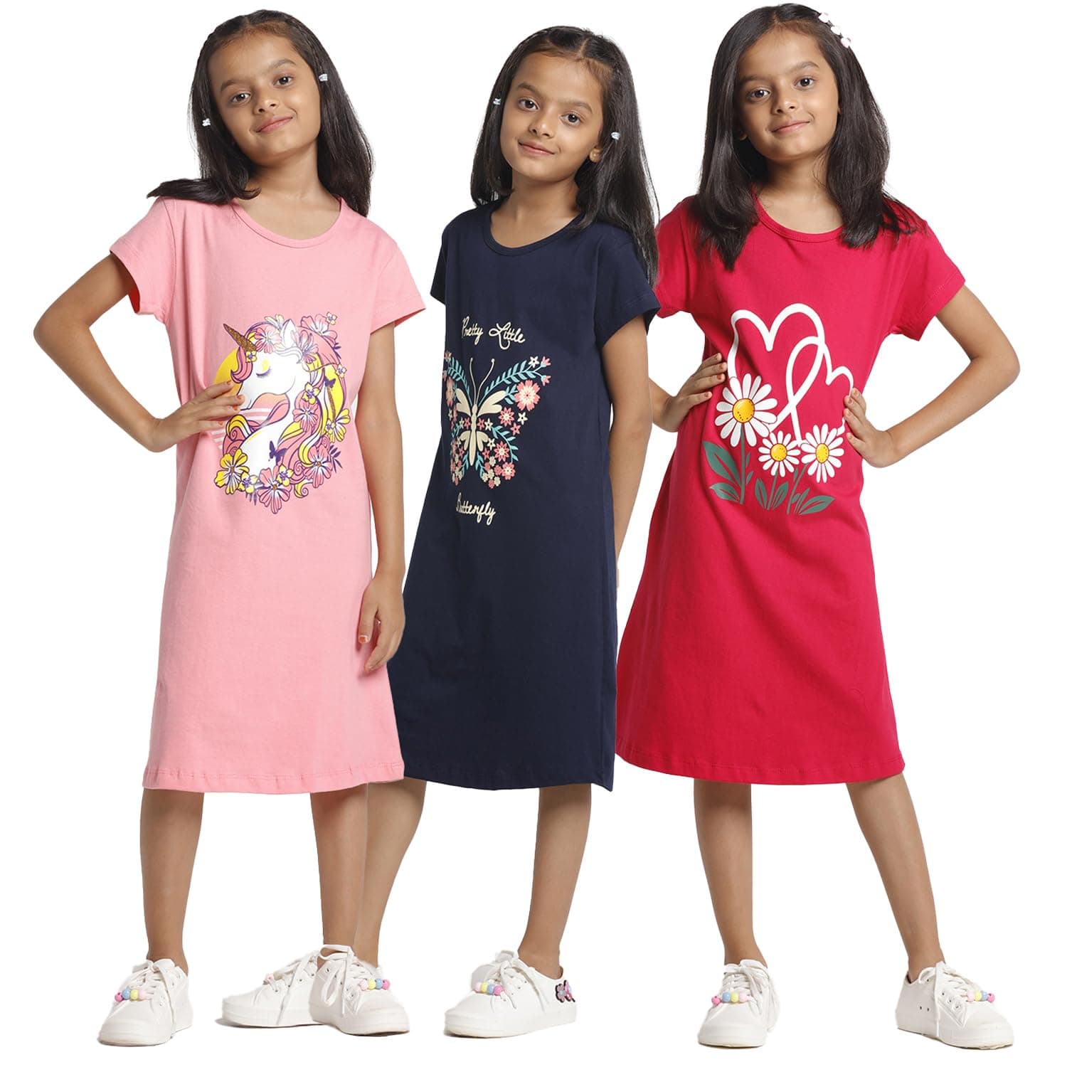 T2F Girls Cotton Printed Regular Fit Knee Length Nightgown (Pack of 3)