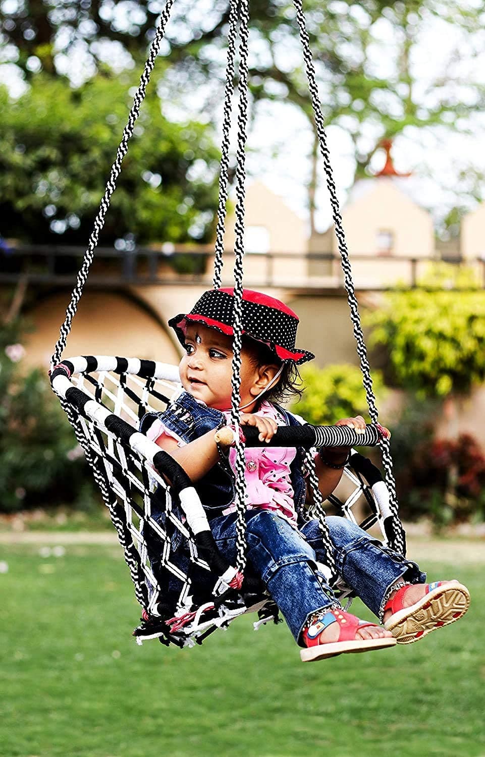 Patiofy Baby Swing Chair Rope with Safety Handle/Toddler/Infant Swing with Yellow T-Bar & Rope/Outdoor Indoor Kids Swinger/Jhula/Swing Ride Seat/Black & White in Colour
