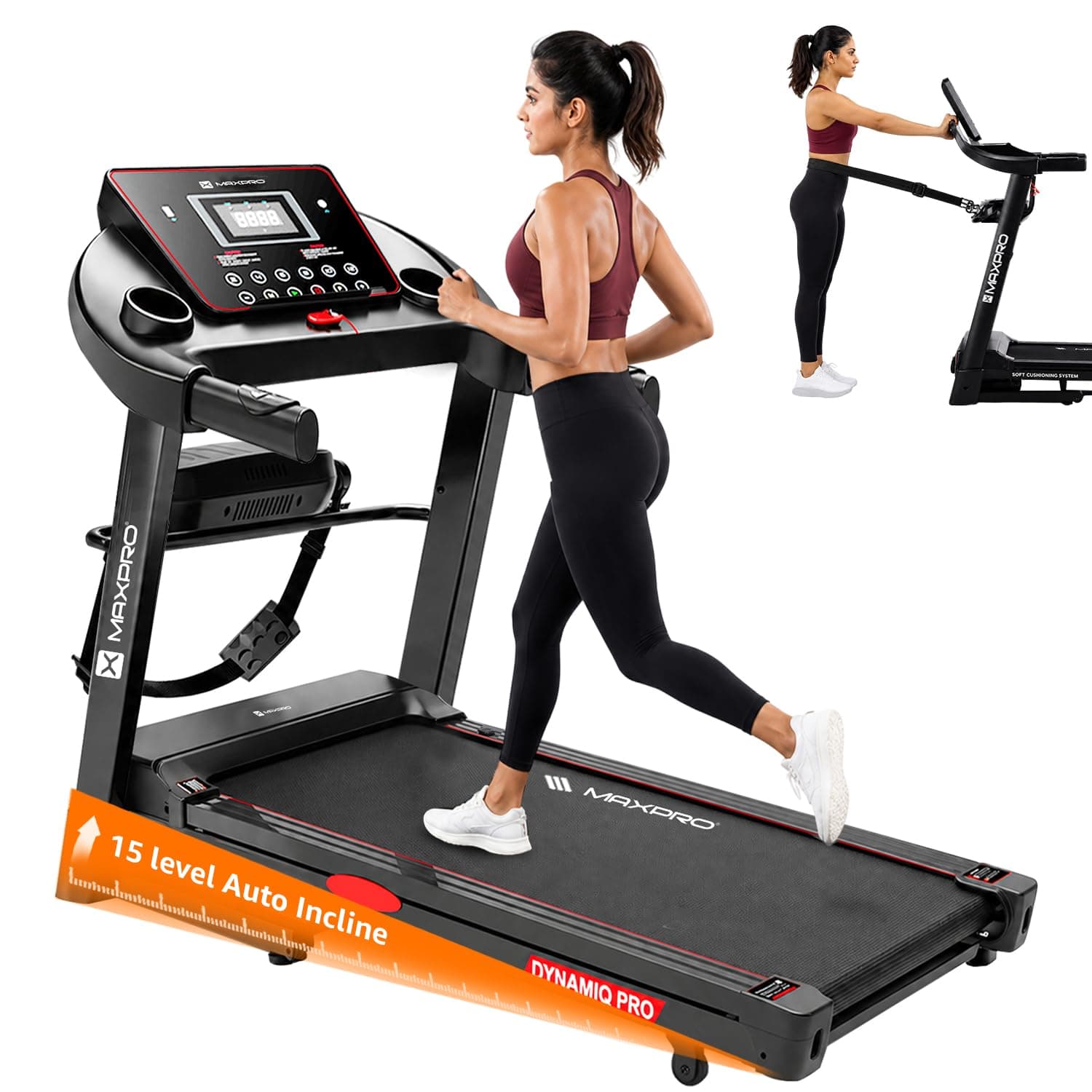 Maxpro Dynamiq Pro 5.5 Hp Peak BLDC Motor |18km/h Speed |15 Level Motorized Incline |130Kg User Weight |Auto Incline Hydraulic Foldable Multifunction Treadmill for Home use