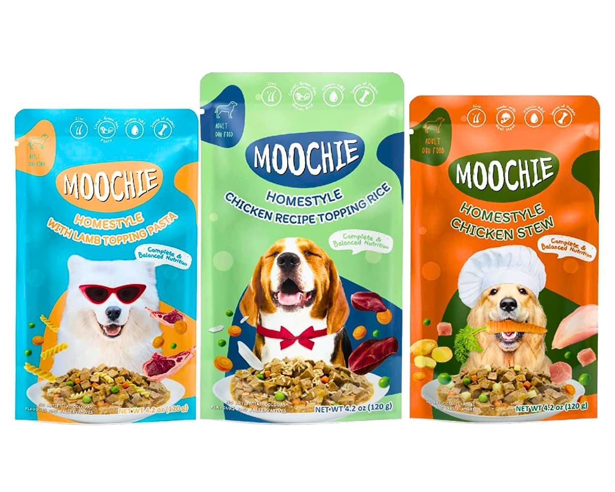 PETS EMPIRE Moochie Homestyle Wet Dog Food (120g X 24) Grain Free Gavy Meal, Variety Pack with Lamb Topping Pasta, Chicken Recipe Topping Rice & Chicken Stew, High Protein Gravy Foods for Adult Dogs