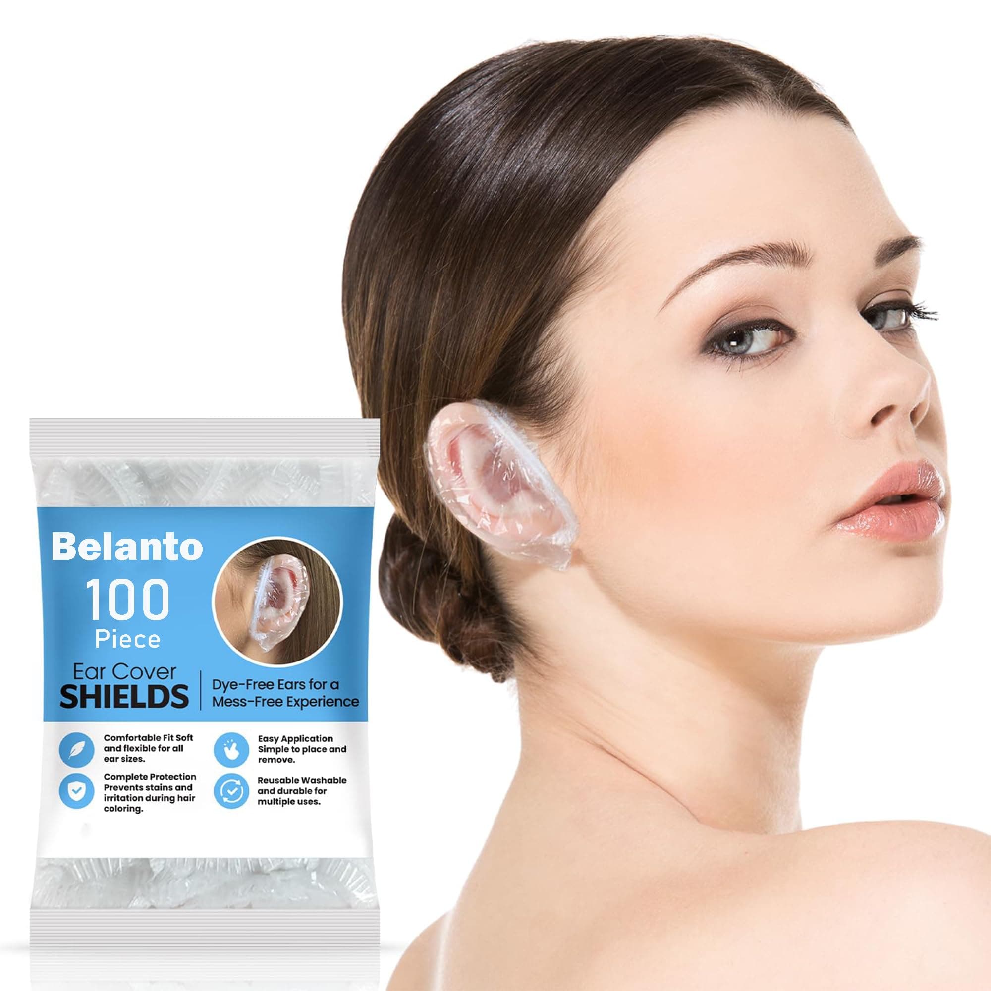Belanto 100 Pack Ear Covers for Bathing, Clear Waterproof Shower Ear Protection Cap for Adults & Kids, Disposable Ear Cover for Hair Dye ,Salon Spa, Home, Durable,Universal Fit (Disposable Ear Covers100)