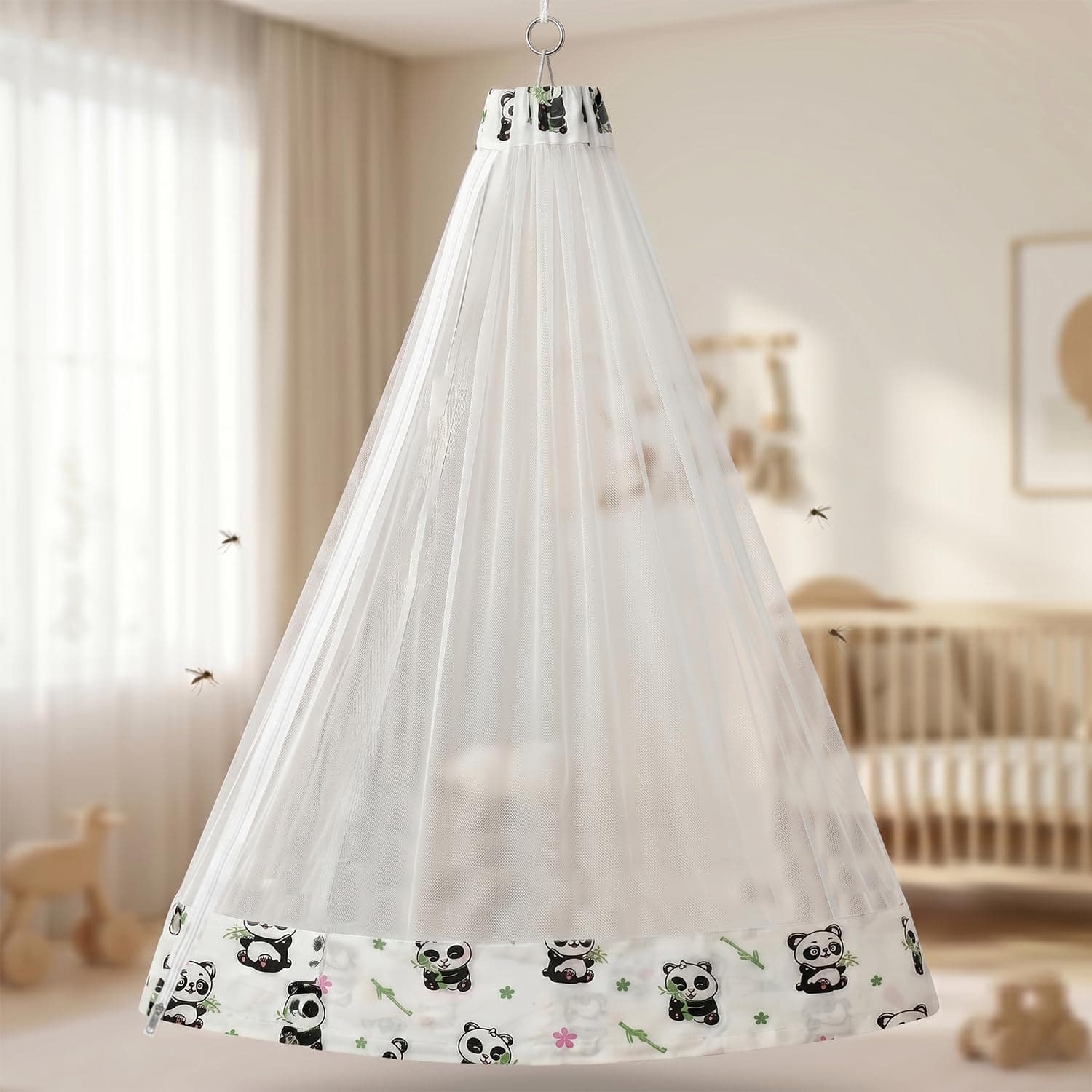 LifeKrafts Mosquito Net for Baby Swing/Jhula | Cradle Net with Side Zip Opening | Lightweight Polyester Mesh Fits Indian-Style Hanging Cradle | White with Panda Print Border