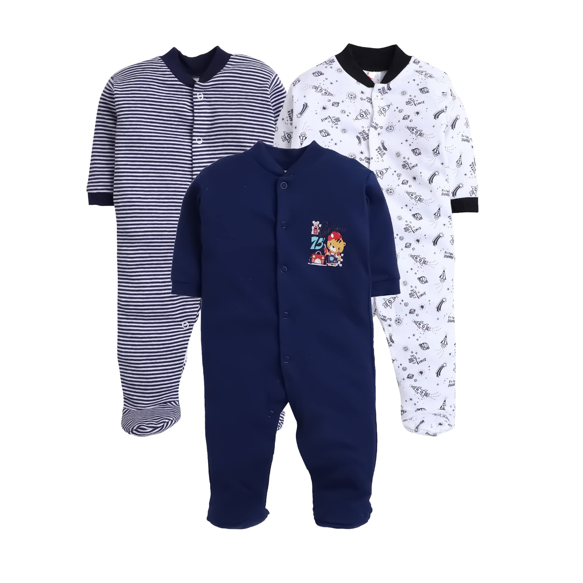 EIO 100% Cotton Baby Rompers Sleepsuits Jumpsuits Night Suits for Newborn Baby Boys & Girls | Soft Infant Bodysuit | Pack of 3 Kids Rompers