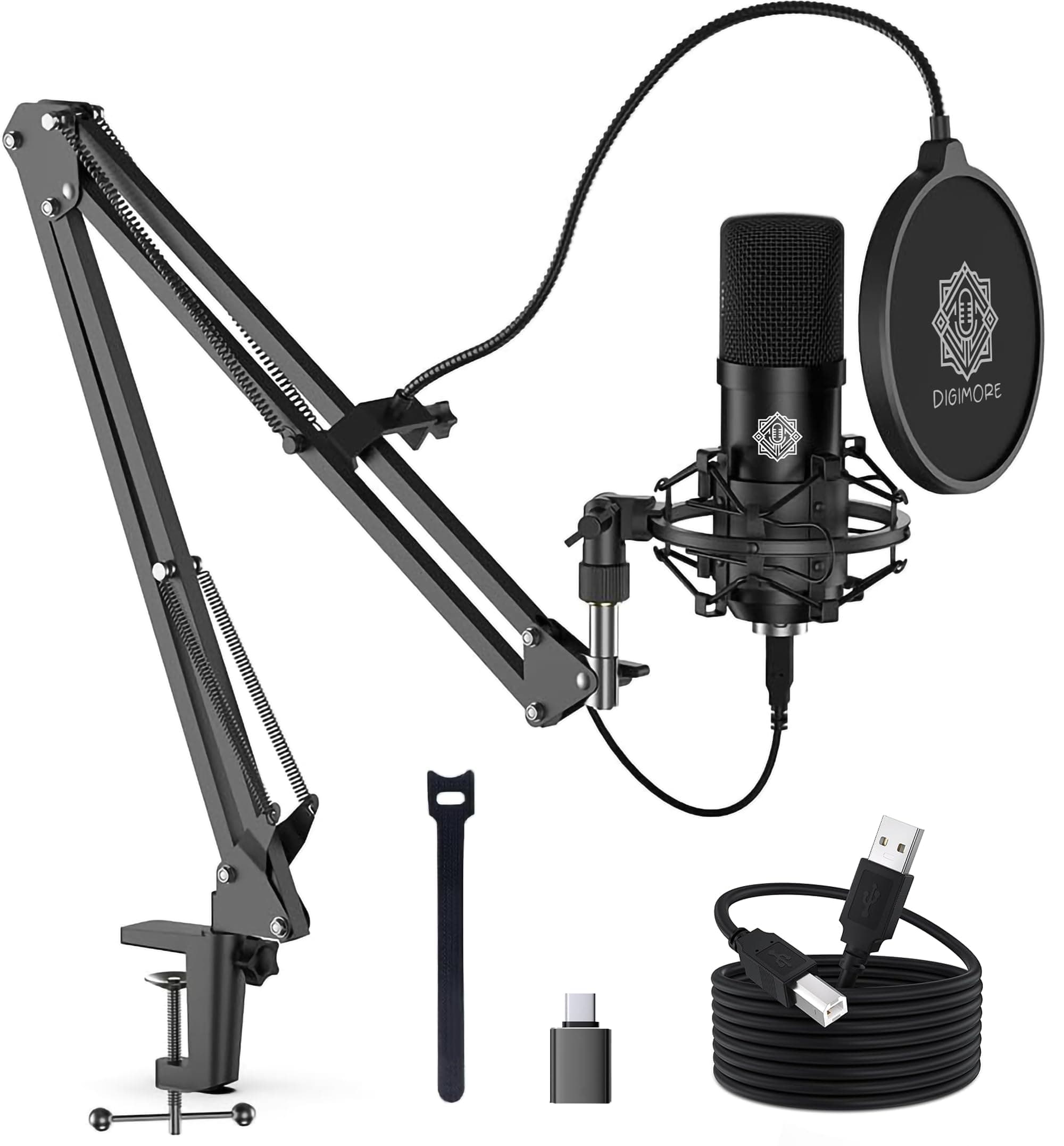 DIGIMORE USB Condenser Microphone Kit | 2026 Edition | AI Noise Reduction Chip | Cardioid Mic | Boom Arm Stand | Metal Body | Ideal for YouTube, Podcast, Streaming, Gaming & Studio Recording (D-520)
