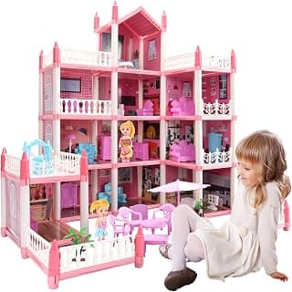 Large Dolls House, 4 Floors Pink Plastic Princess Castle 24" Girls Toy House with Furniture and Accessories, 11 Bedrooms, 3 Balcony, Gifts for 6+ Year Old Girls