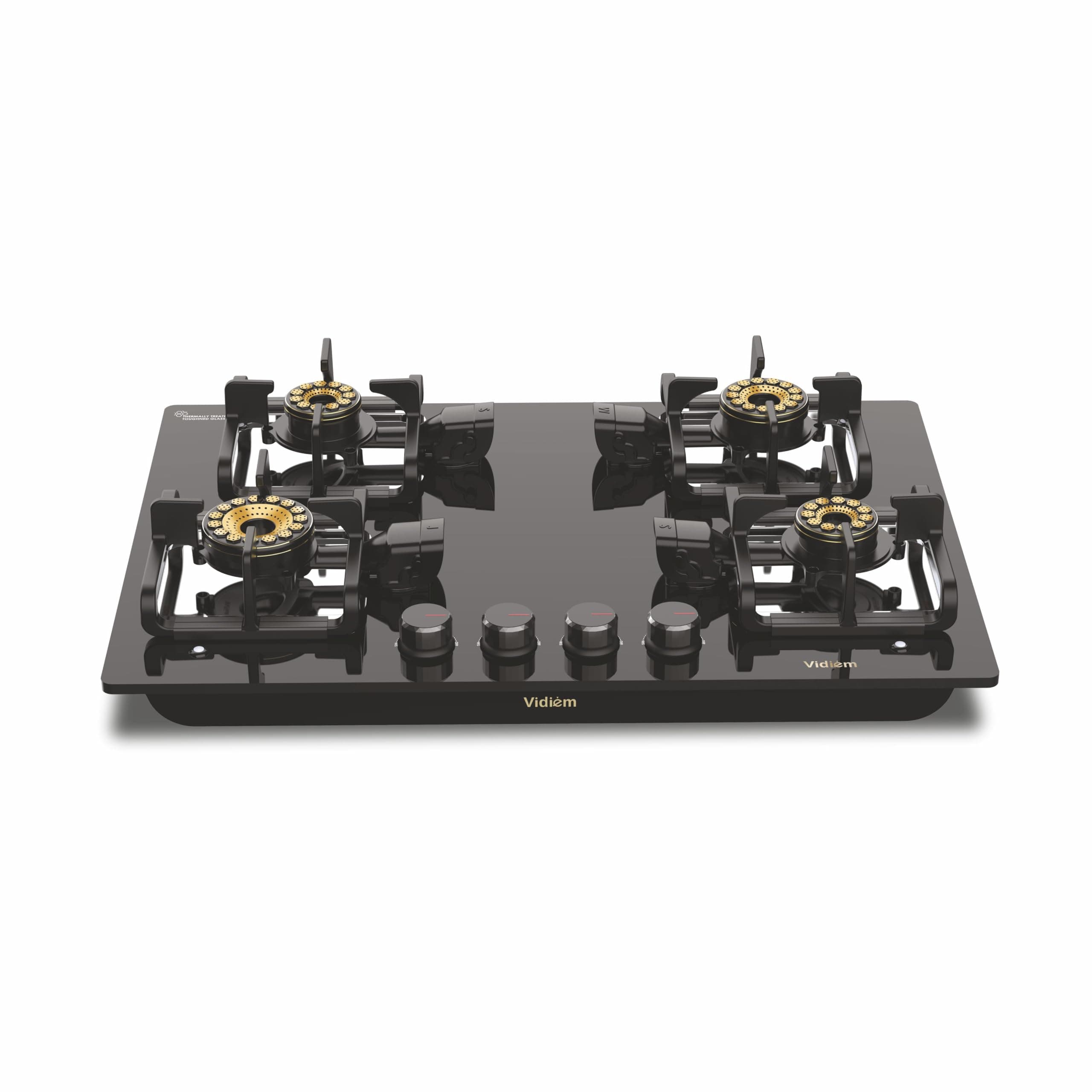 Vidiem Vogue V1 4-Burner Gas Cooktop/Hob| First Fully Removable Burner Assembly|10MM Toughened Glass|Hexa Flame Forged Brass Burners|10Mm Thick Cast Iron Pan Support|Manual Ignition|5-Year Warranty