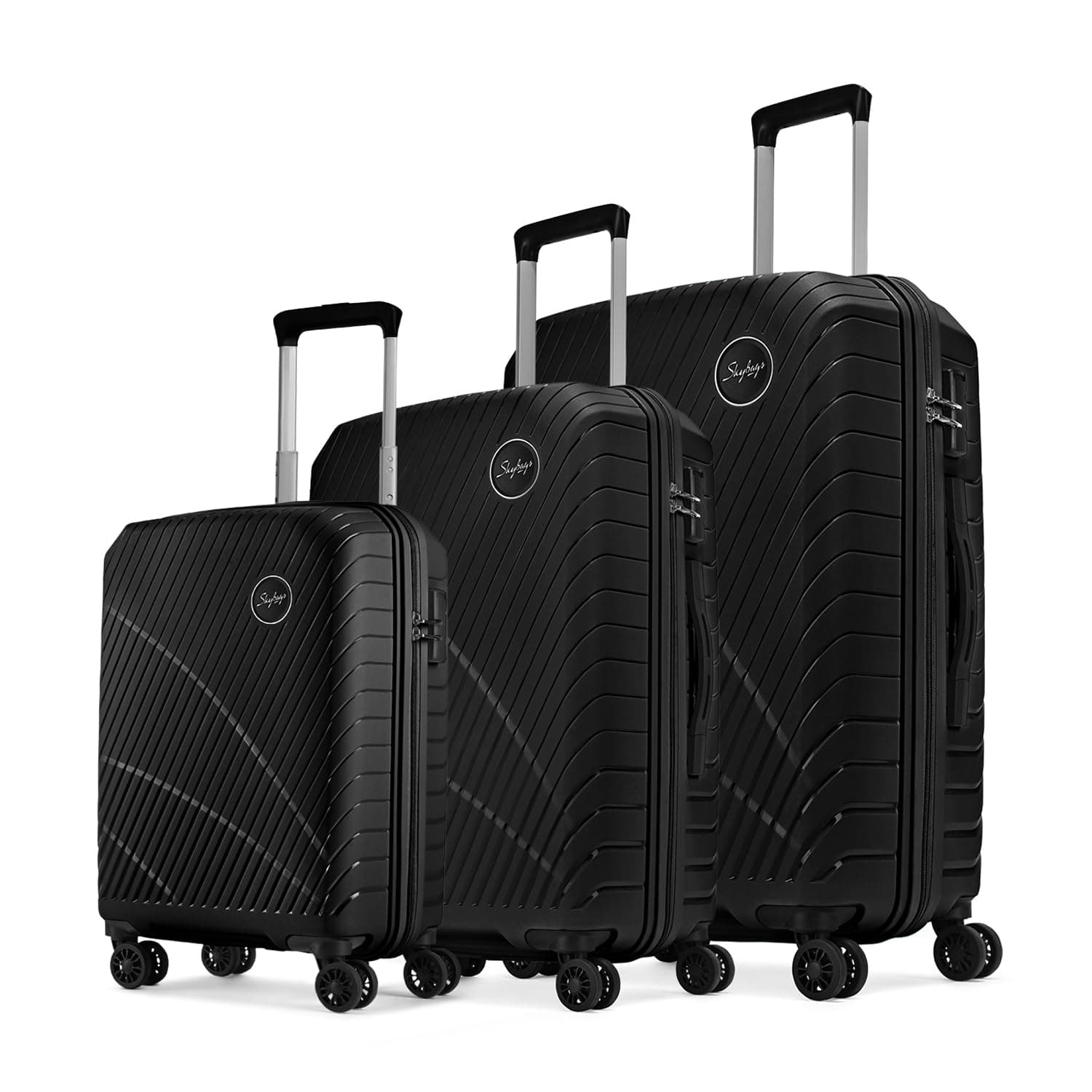Skybags Streax |Set of 3(Cabin+Medium+Large)Trolley Bag, 55+66+76 Cm Hardside Luggage|8 Wheels, Combination Lock |Polypropylene|Suitcase for Travel |5 Year International Warranty |Black|Spinner Wheel