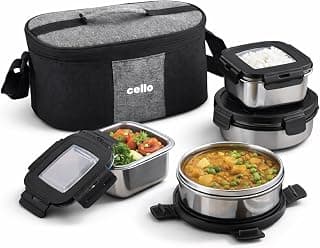 CELLO Duet Set of 4 Pcs Stainless Steel Lunch Box with Bag for Office Use, Black | 2 x 400ml Round, 2 x 400ml Square Steel Containers with Fork & Spoon, Leak Proof Airtight Steel Tiffin Box for Travel