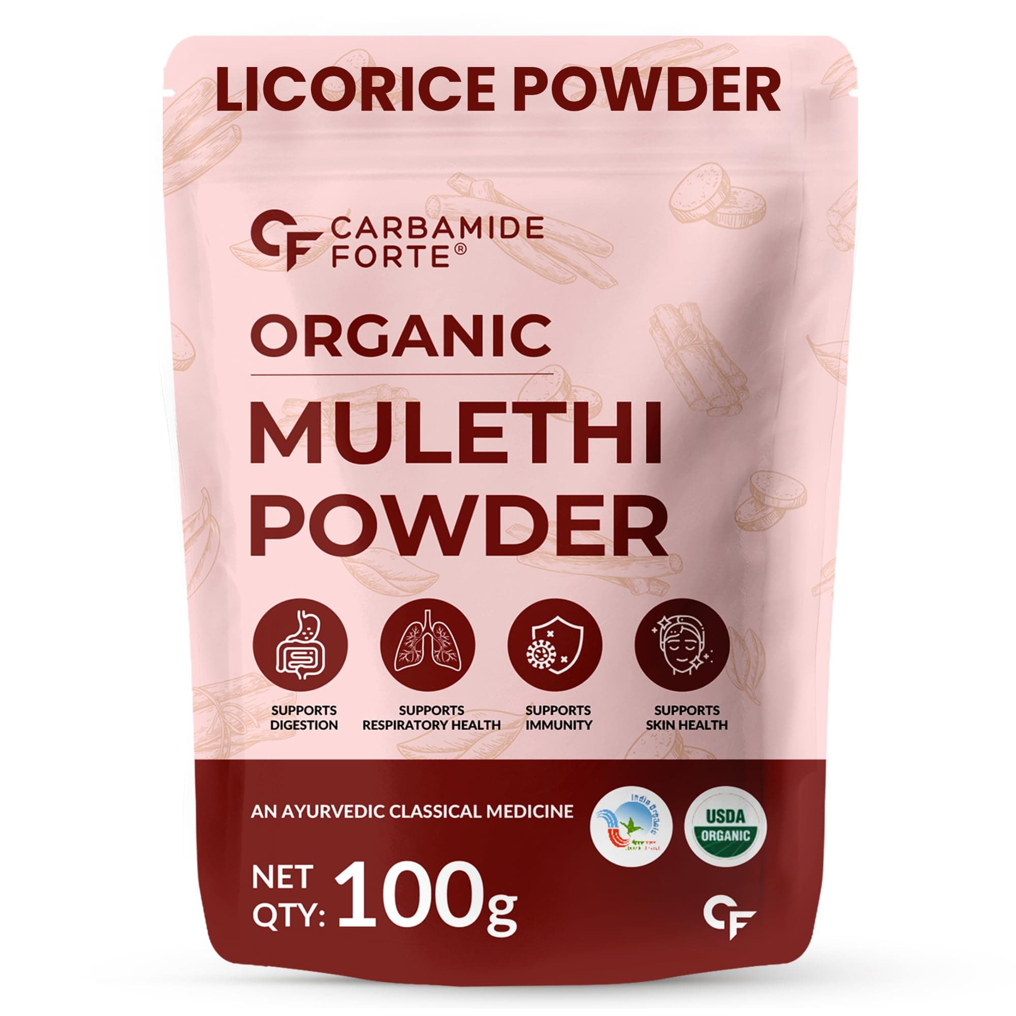 Carbamide Forte Licorice/Mulethi Powder Organic | Mulethi Powder for Face Pigmentation | Yashtimadhu Powders Supports Digestion, Respiratory & Immunity | Natural Herb for Skin & Wellness - 100g