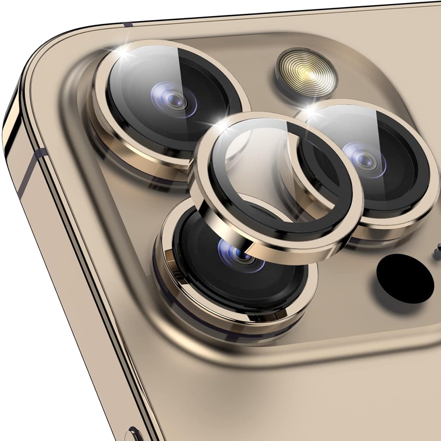 Amazon Brand - Solimo Camera Glass Lens Protector Ring For Apple iphone 14 Pro Max Case Friendly with Edge to Edge Coverage and Easy Installation (Gold)