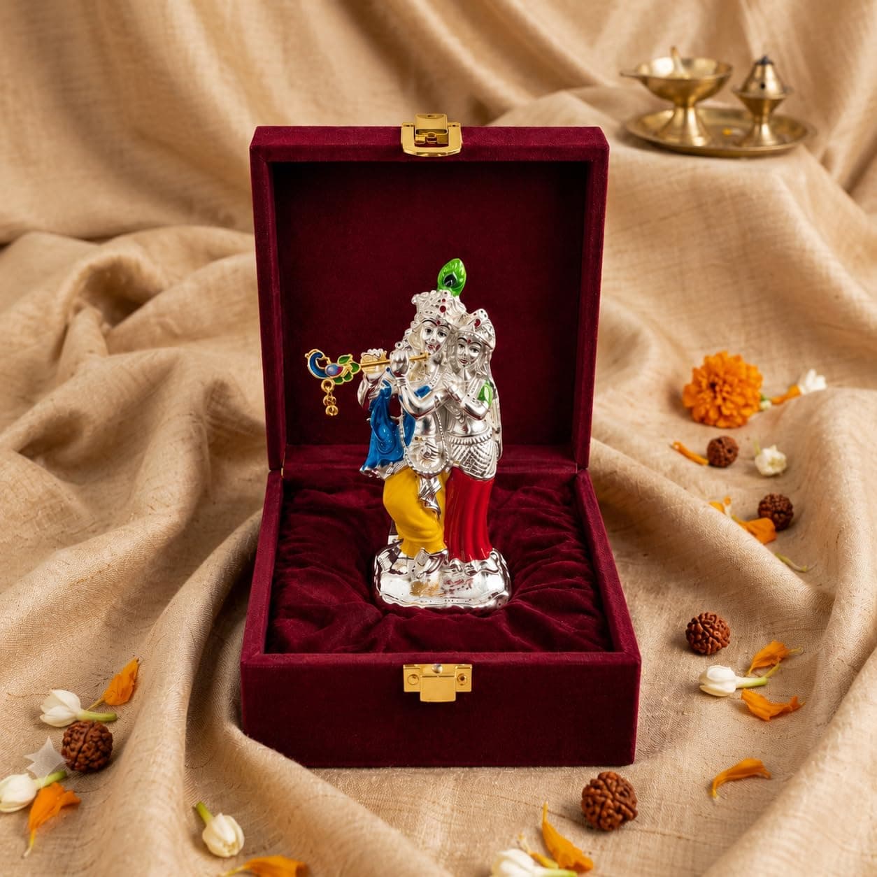 Vinayaka Fab 999 Pure Silver Plated Radha Krishna Idol with Velvet Box – 4.5 Inch Dual Tone Krishna Murti | Premium Pooja Showpiece for Home Temple, Office Desk & Gift (Multicolor, 11.5 CM)
