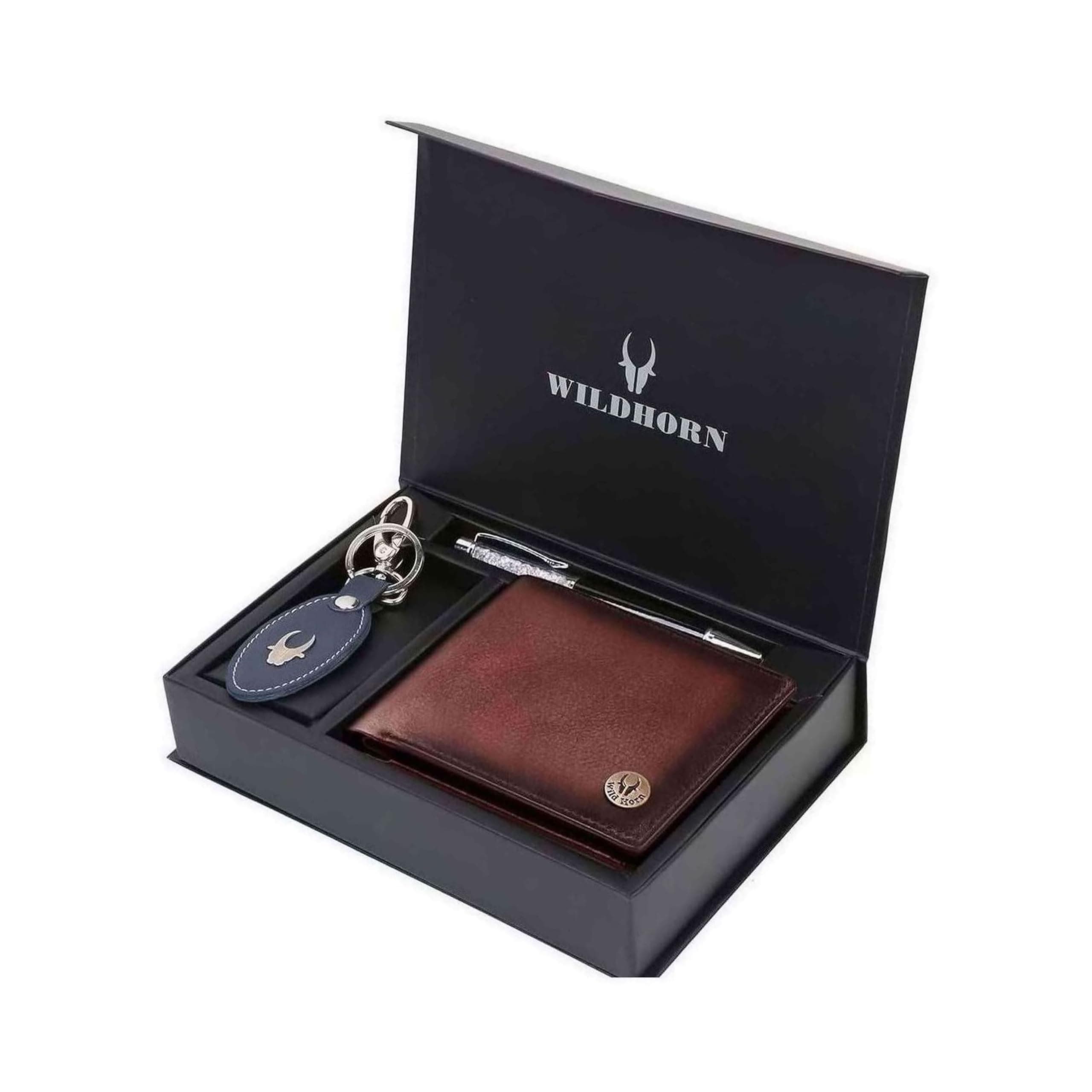 WildHorn Leather Wallet, Keychain & Pen Combo I Gift Hamper For Men (Crackle), Assorted