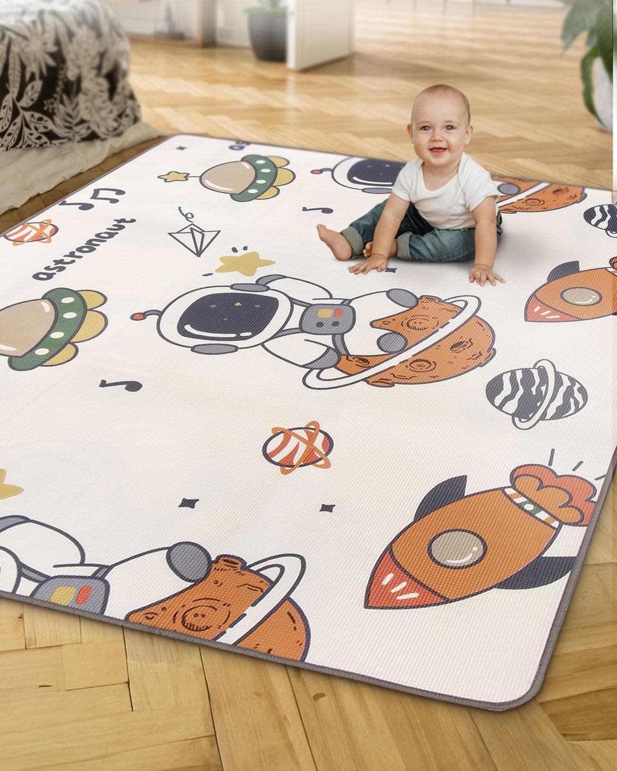 Play Nation Premium Double Sided Waterproof Play Mat for Babies 0 to 2 Years, 8mm Thickness, Newborn Learning Floor Mat, Large & Foldable Crawling Carpet, 6X5 Feet, Space, Multicolor, 1 Count
