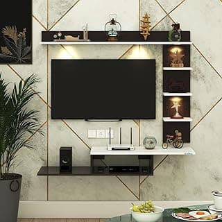 Anikaa Wintor Engineered Wood Wall Mounted TV Unit with 4 LED Lights, 3 Open Shelves, 1 Storage Box & Decorative Display Shelf for Living Room | Ideal for Upto 43 Inch TV- Wenge/White(DIY Assembly)