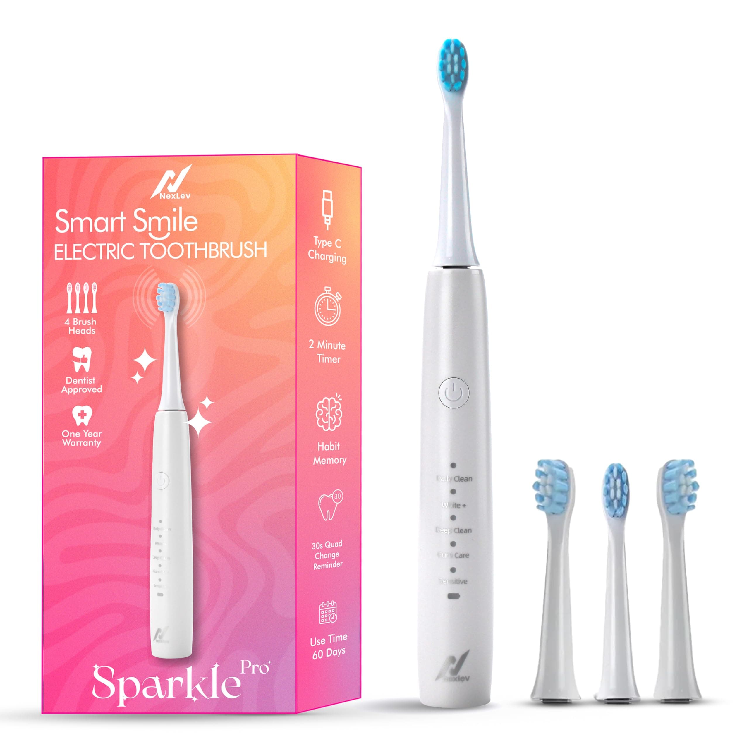 Nexlev Rechargeable Electric Toothbrush| 120 Days Life | 35K strokes/min| Type C| 5 Modes for Daily Use| 2 Min timer with 30sec Quadpacer | 4 Brushheads| IPX7 Waterproof| For Men & Women | ETC-04 White