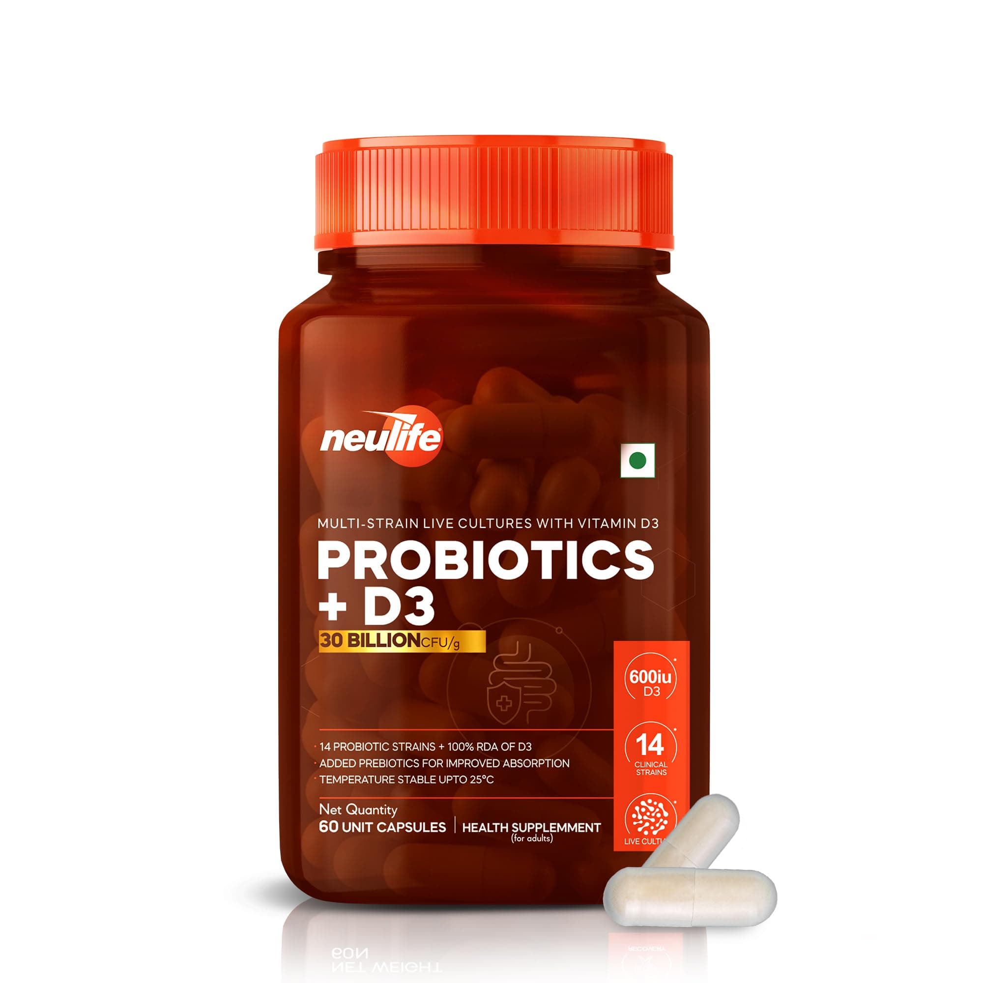 Neulife Multi Strain PRE PROBIOTICS 30b CFU/g with Vitamin D3 Temperature Stable for Gut Health Immunity Digestion Microbiome Support Bloating Relief Vegan Friendly Shelf Stable High Potency Formula - 60 Capsules