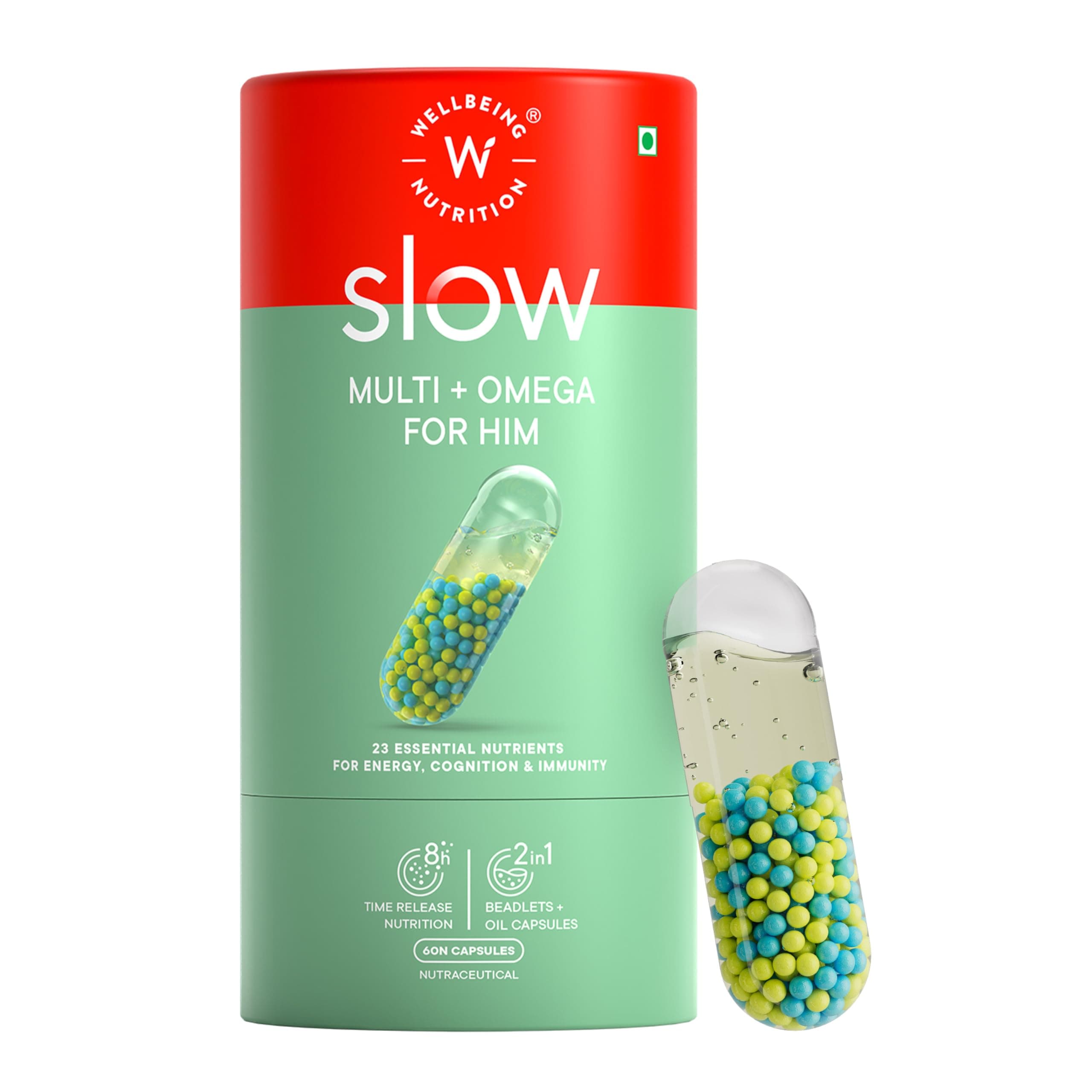 Wellbeing Nutrition Slow Multivitamin + Omega 3 for Men with Probiotics, B-Complex, Ginseng, 23 Vitamins & Minerals, 15 Antioxidants | Stamina, Metabolism, Bones, Immunity, Digestion, 60 Veg Capsules