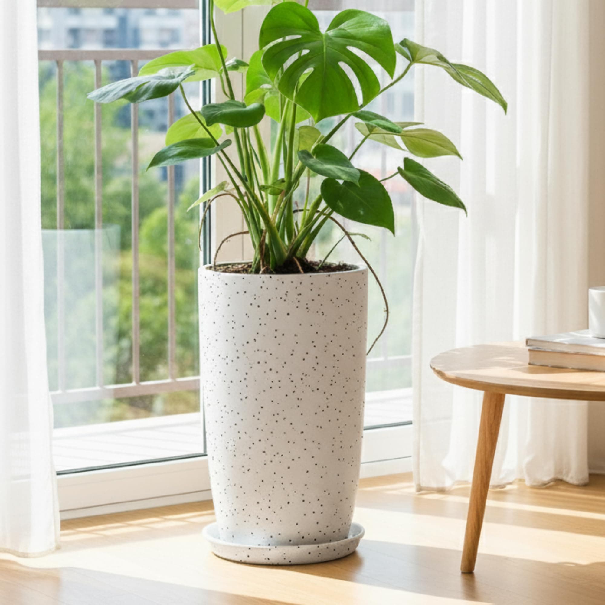 Kraft Seeds Qutub 18 Inch Tall Planter for Plants - White Marble-Look Polymer Pot with Tray | UV Treated, Lightweight & Durable Big Floor Planter for Living Room, Balcony, Garden, Office Decor