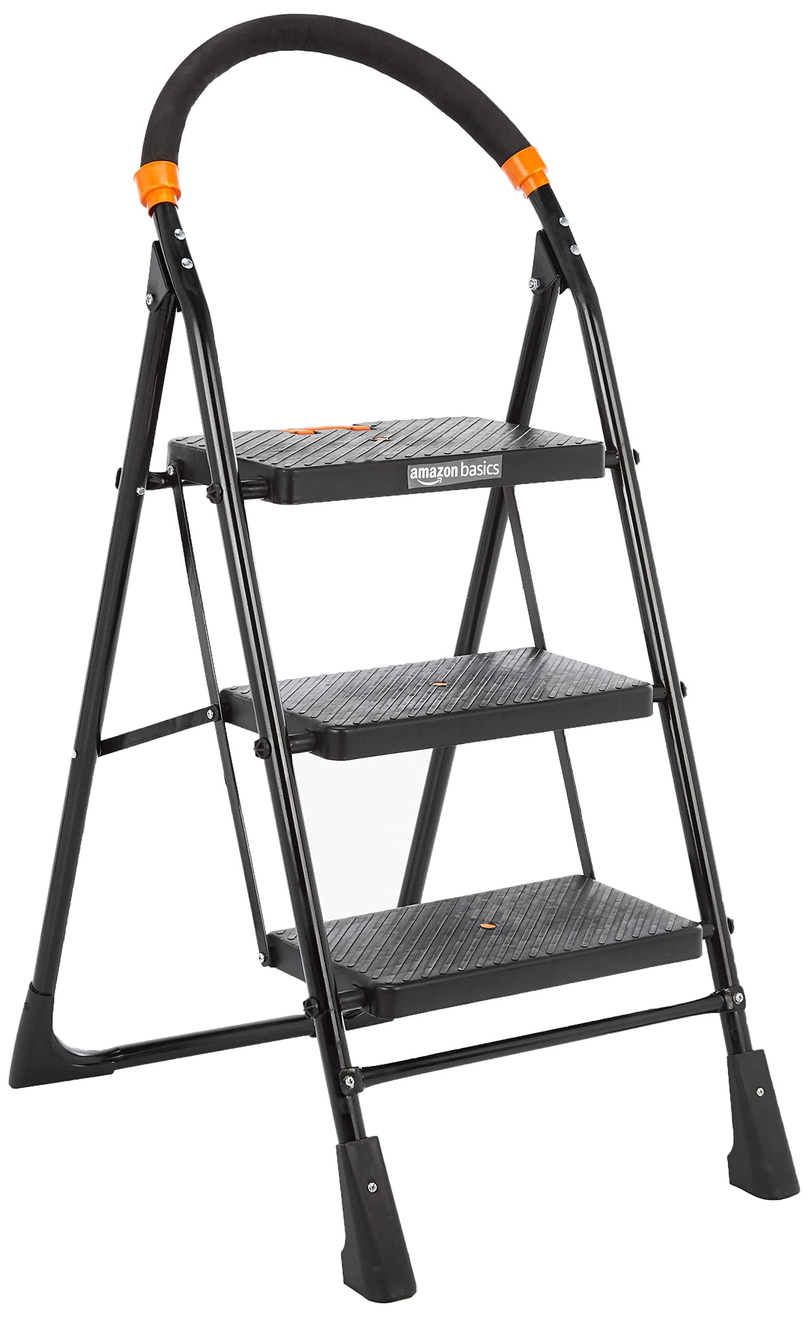 Amazon Basics Clamber-Foldable Step Ladder, Safety-Clutch Lock, Ribbed Steps, Knee Guard, Non-Marring PVC Shoes, 3 Steps (Steel, Black&Orange, Iron&Plastic)