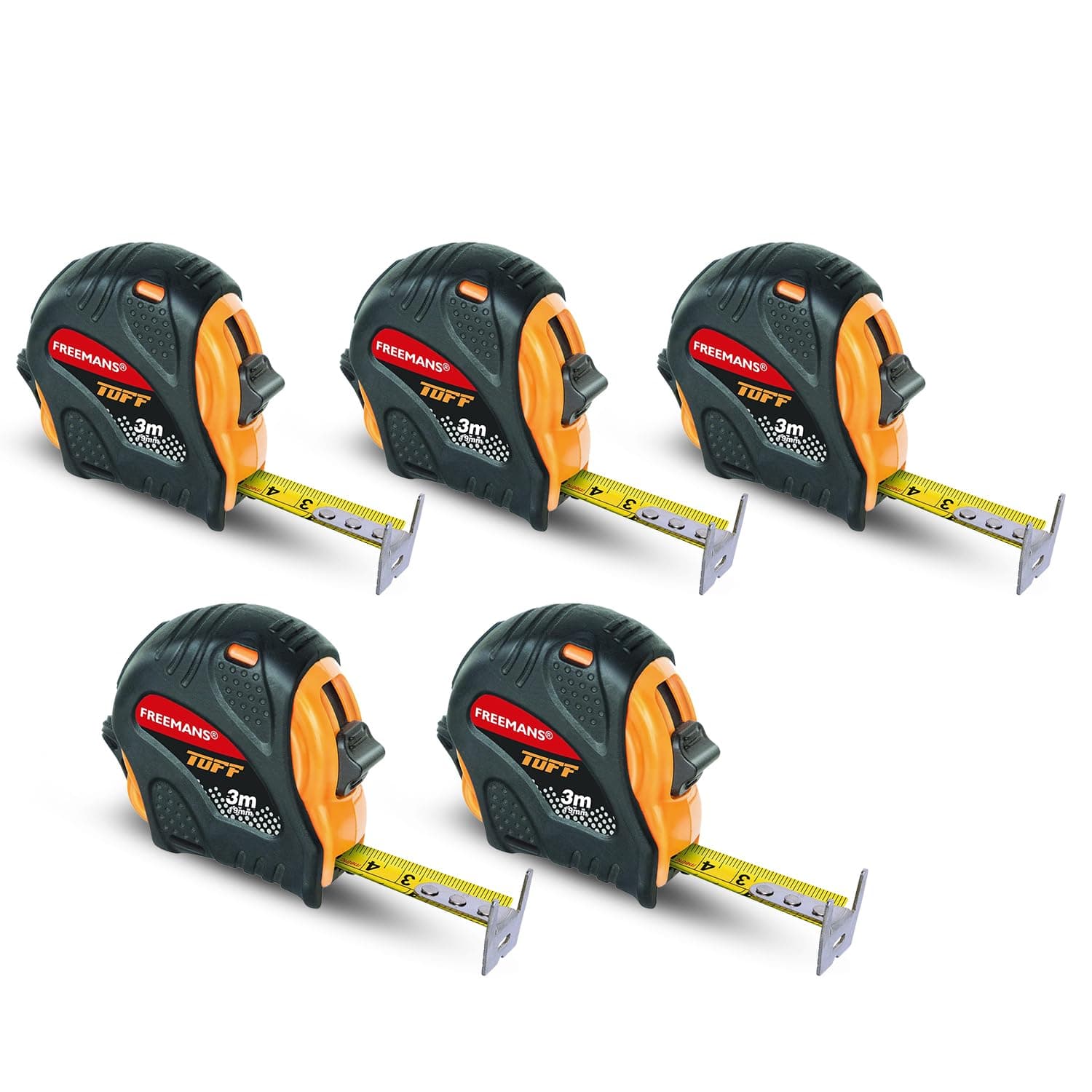 FREEMANS TUFF 3m:19mm Steel Inchi Measuring Tape - 3m with a Non Slip Rubber Covered ABS case || Double Side Printing || Click Action Front Lock and Belt Clip (Set of 5)