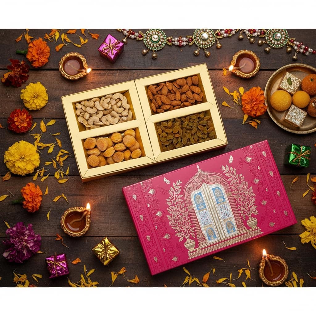 Fruitri Assorted Dry Fruits Gift Hamper – Almonds, Cashews, Raisins & Apricots 70g each| Perfect Diwali, Gift (10x10x2 Inches), Diwali Greeting included