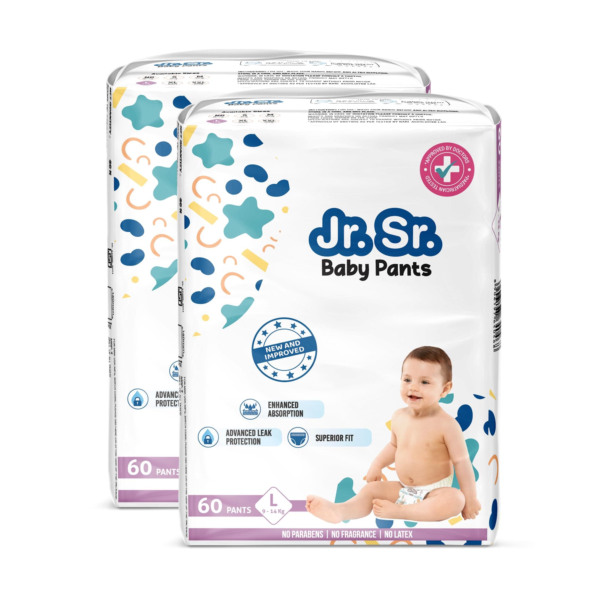 Jr. Sr. Baby Diaper Pants | Large (L) Size (9-14 kg), 120 Count | Pack of 2 | Upto 12 hr Absorption with Advanced Leak Protection | Safe For Babies Skin | Soft, Secure & Comfy
