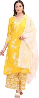 W for Woman Mango Yellow Floral Printed Shantung A-line Kurta, Printed Parallel Pants and Dupatta Set